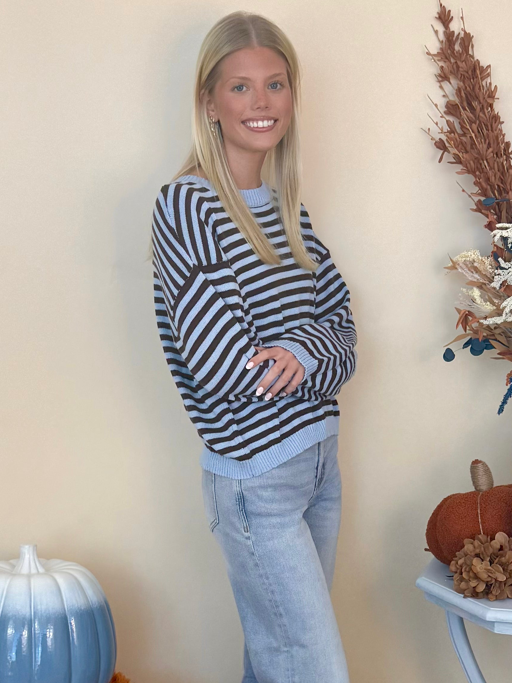 Stay Sweet Light Blue Striped Round Neck Sweater-Shop-Womens-Boutique-Clothing