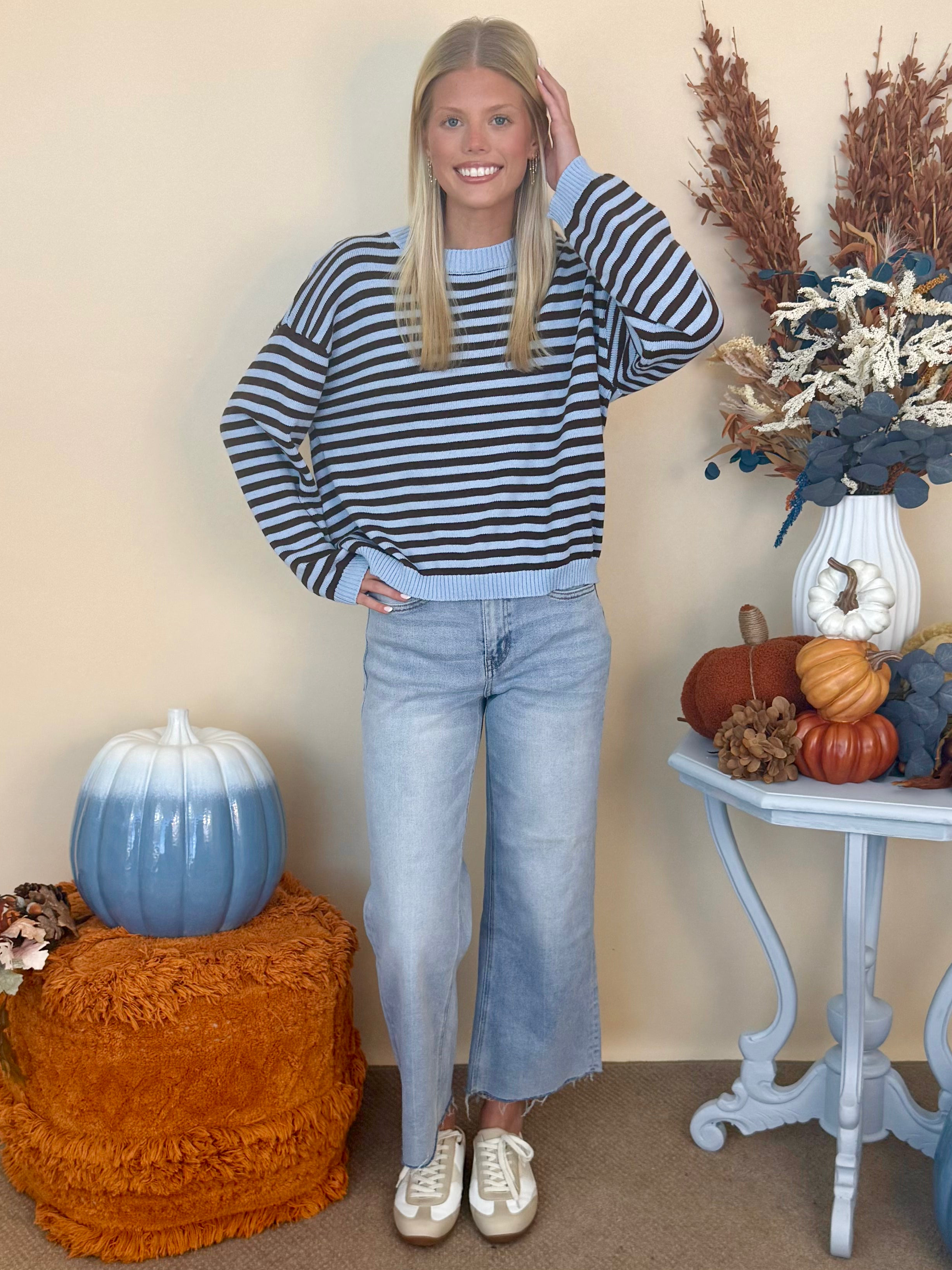 Stay Sweet Light Blue Striped Round Neck Sweater-Shop-Womens-Boutique-Clothing