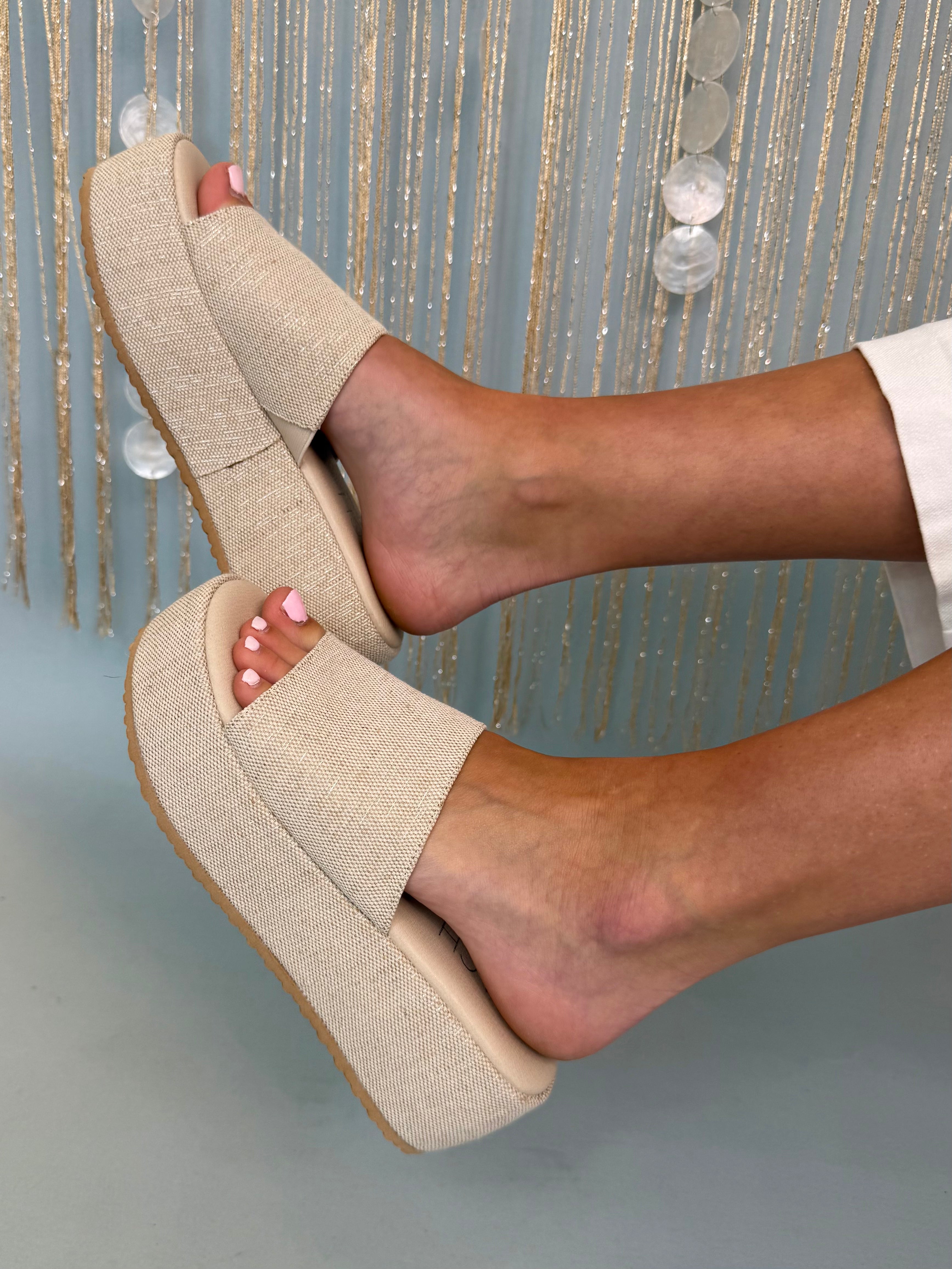 Tiffany Linen Silver Speckled Platform Slide On Wedge Sandals-Shop-Womens-Boutique-Clothing