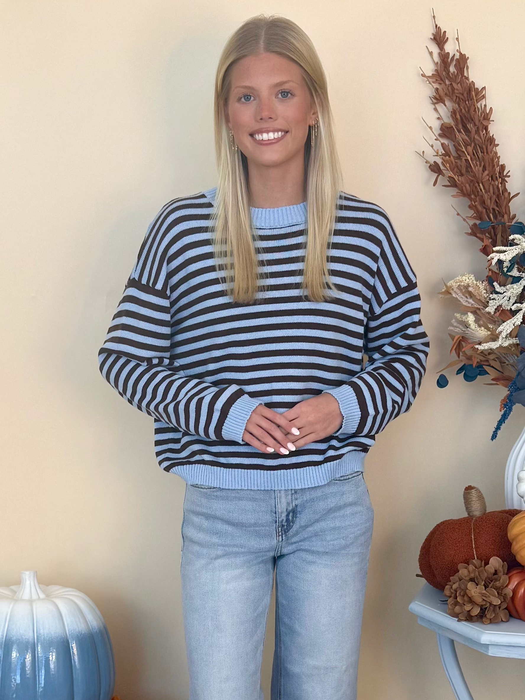 Stay Sweet Light Blue Striped Round Neck Sweater-Shop-Womens-Boutique-Clothing