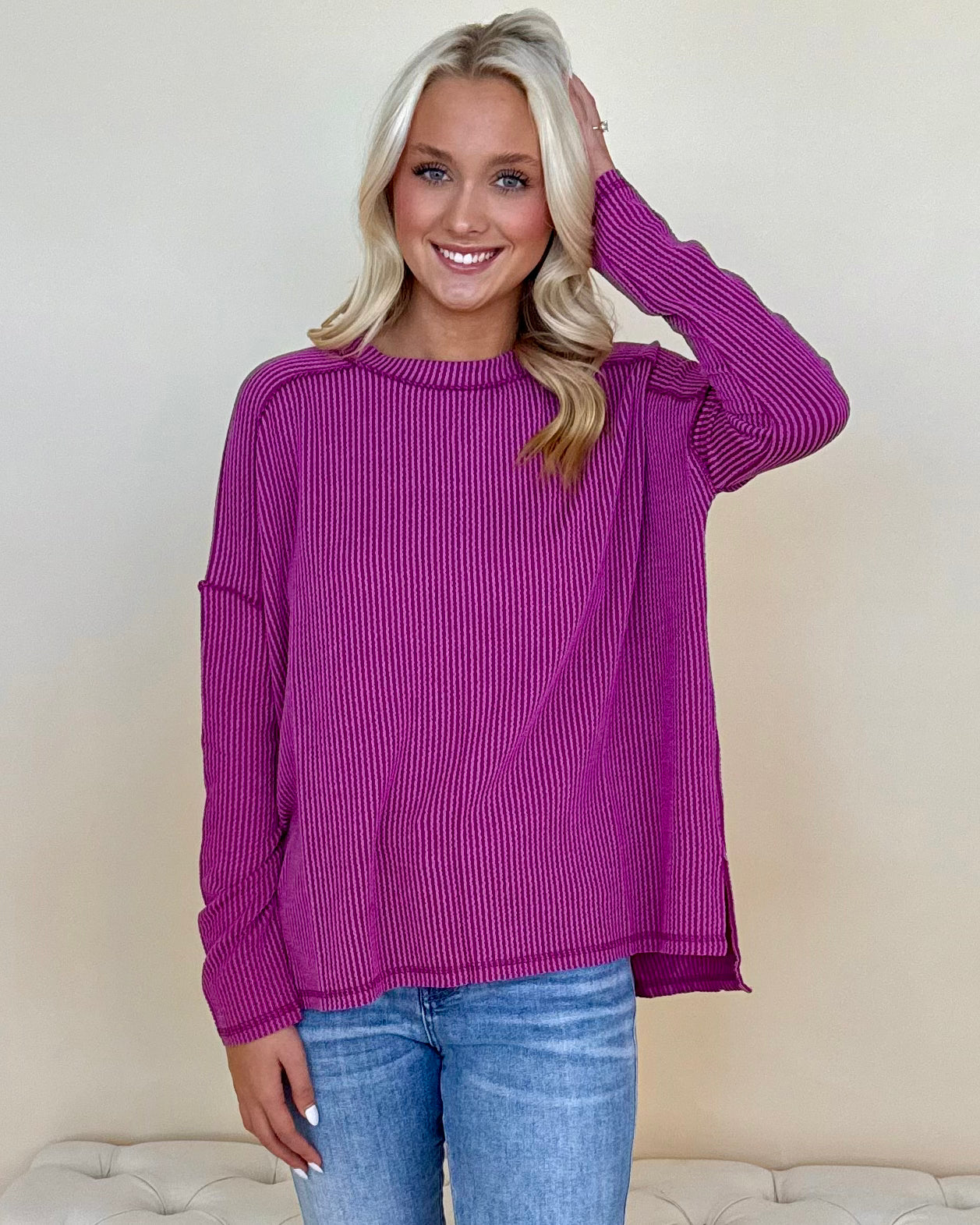 Relaxed Plum Rib Raw Edge Top-Shop-Womens-Boutique-Clothing
