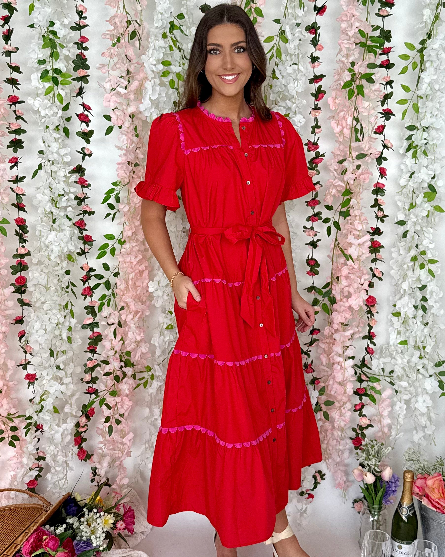 Patio Brunch Red Ric Rac Belted Midi-Shop-Womens-Boutique-Clothing