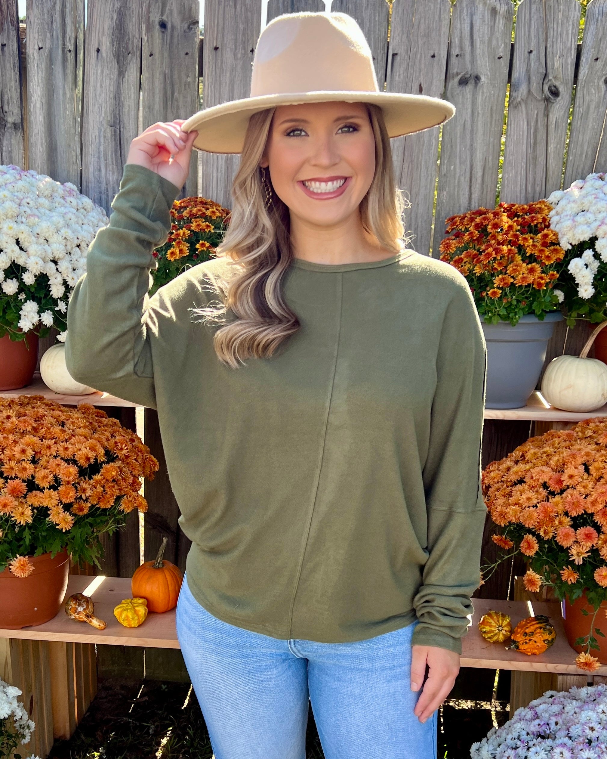 Never Left Olive Brushed Seam Top-Shop-Womens-Boutique-Clothing