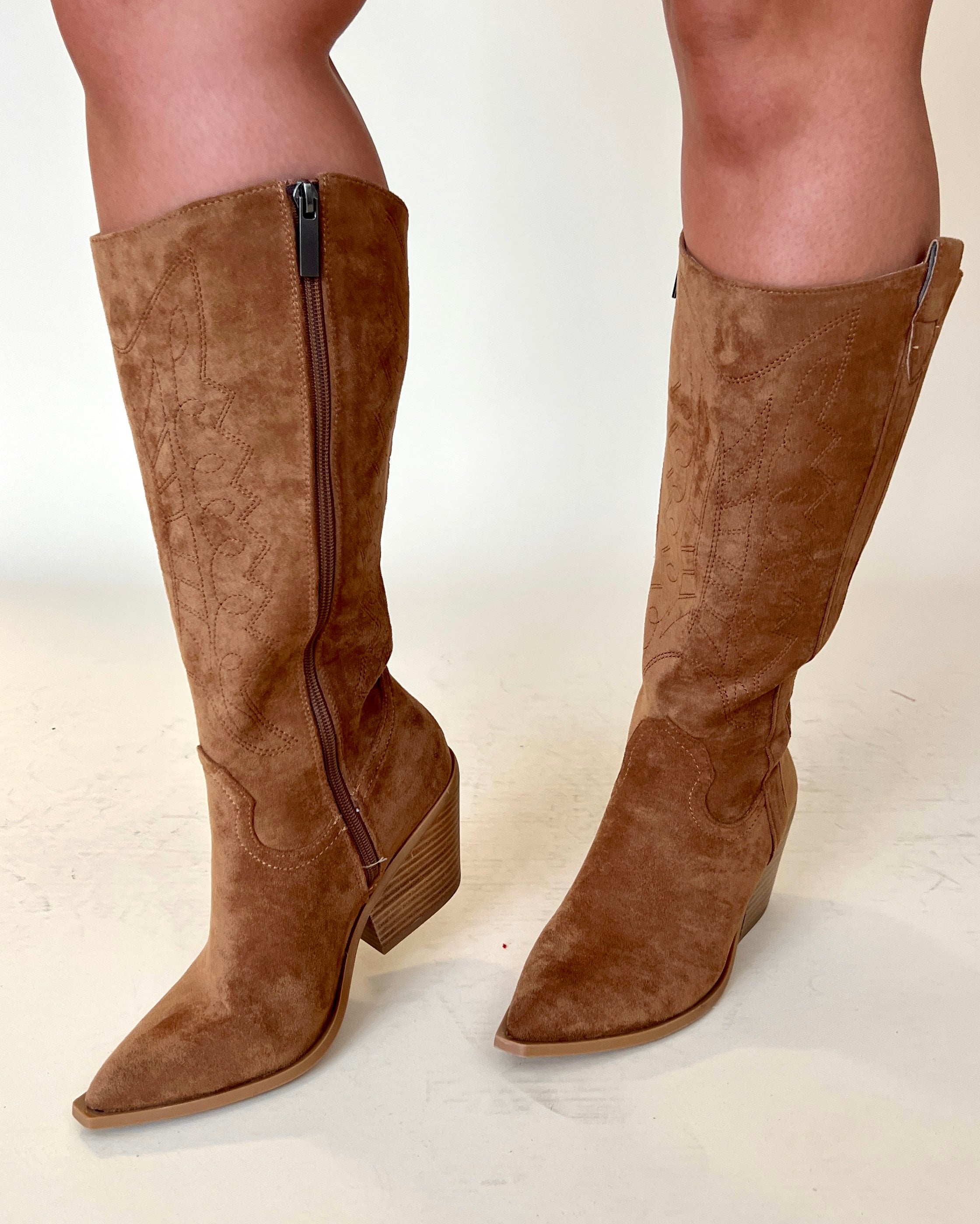 Claudia Cognac Suede Wide Calf Cowboy Boots-Shop-Womens-Boutique-Clothing