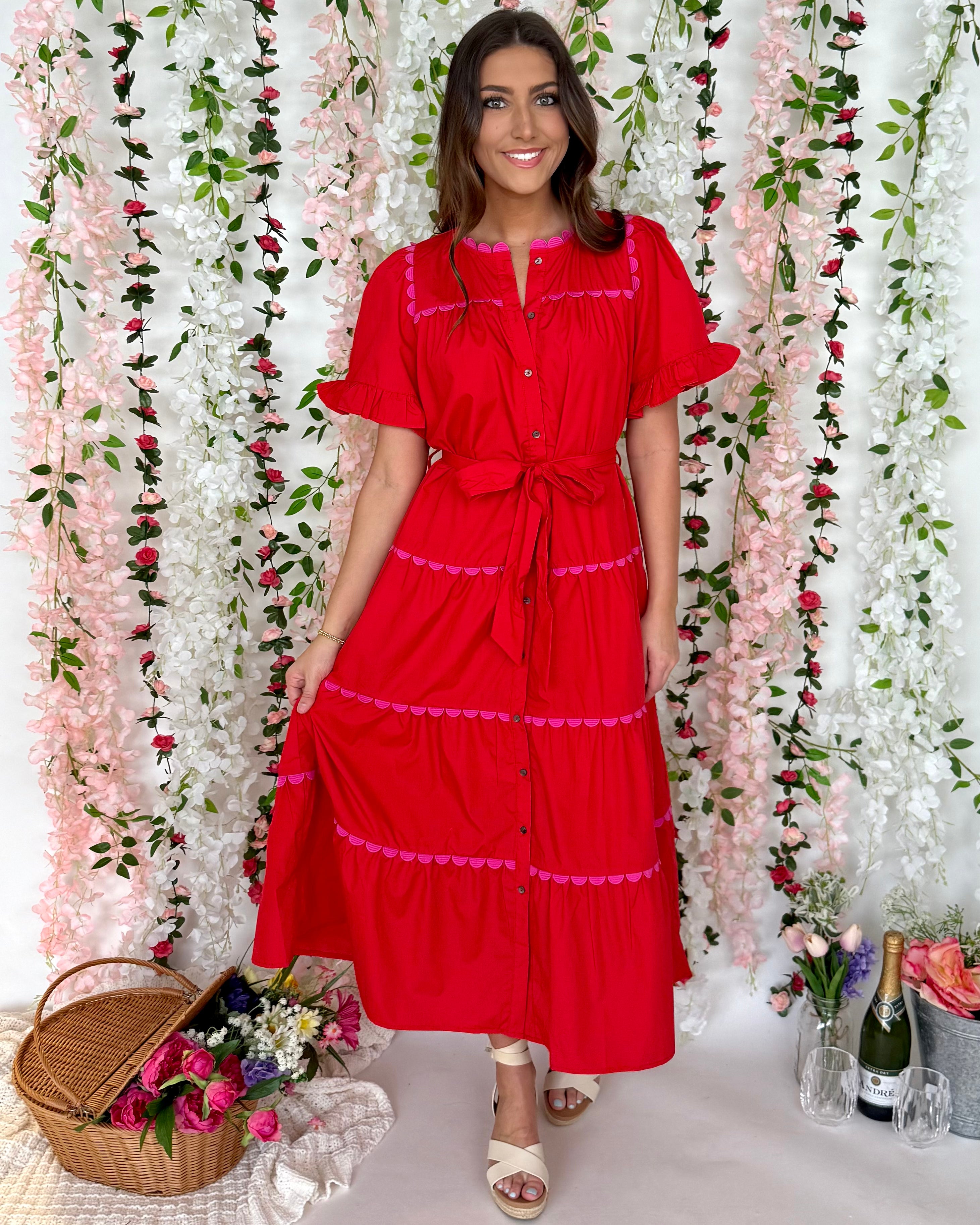 Patio Brunch Red Ric Rac Belted Midi-Shop-Womens-Boutique-Clothing