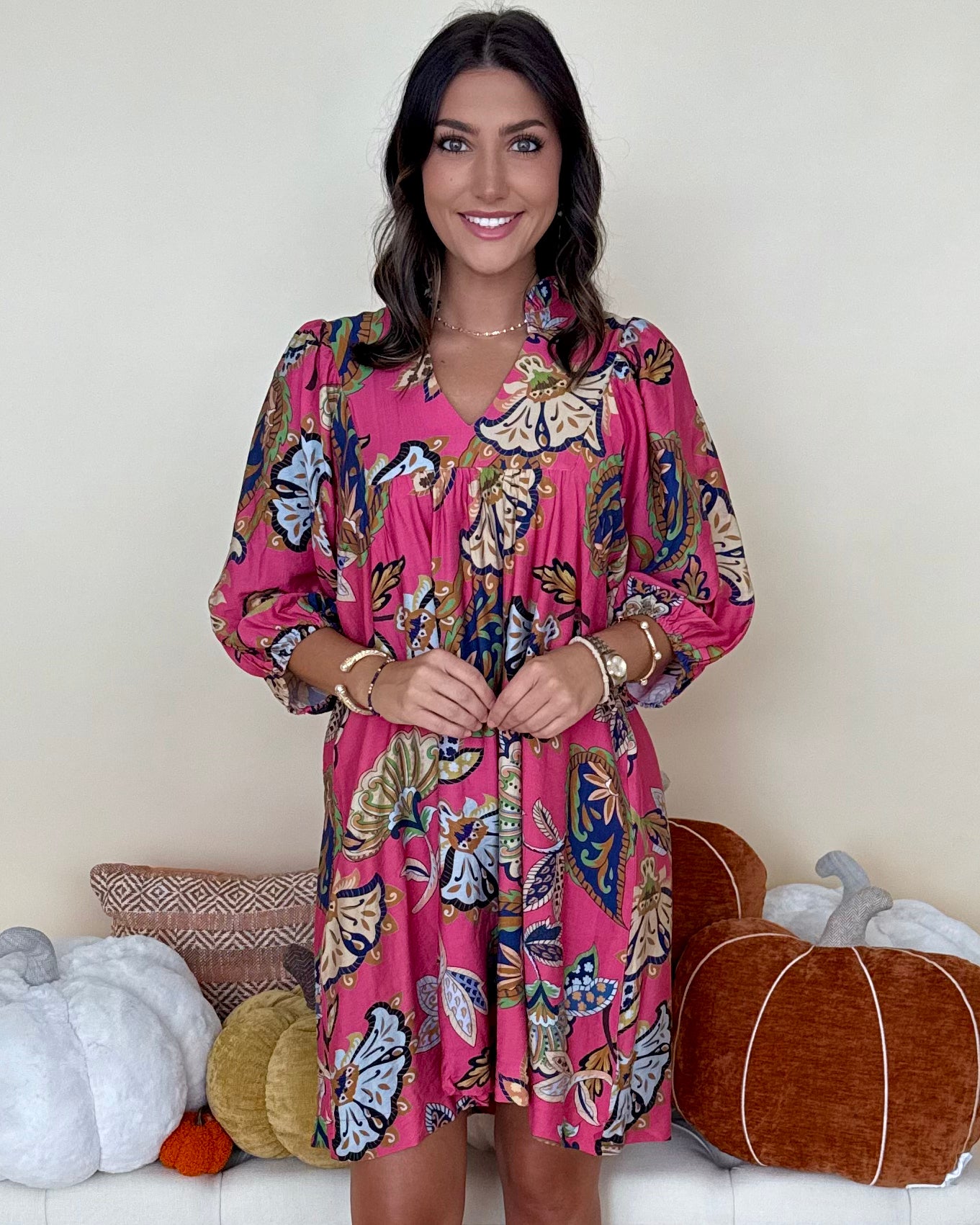 Autumn Breeze Pink Abstract Ruffle Dress-Shop-Womens-Boutique-Clothing