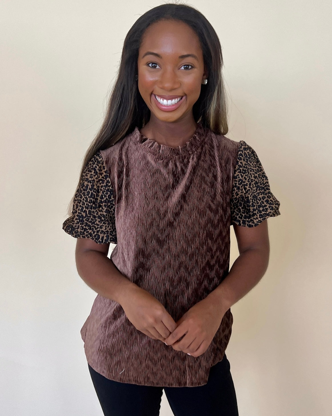 Boldly Brown Pleated Velvet Leopard Top-Shop-Womens-Boutique-Clothing