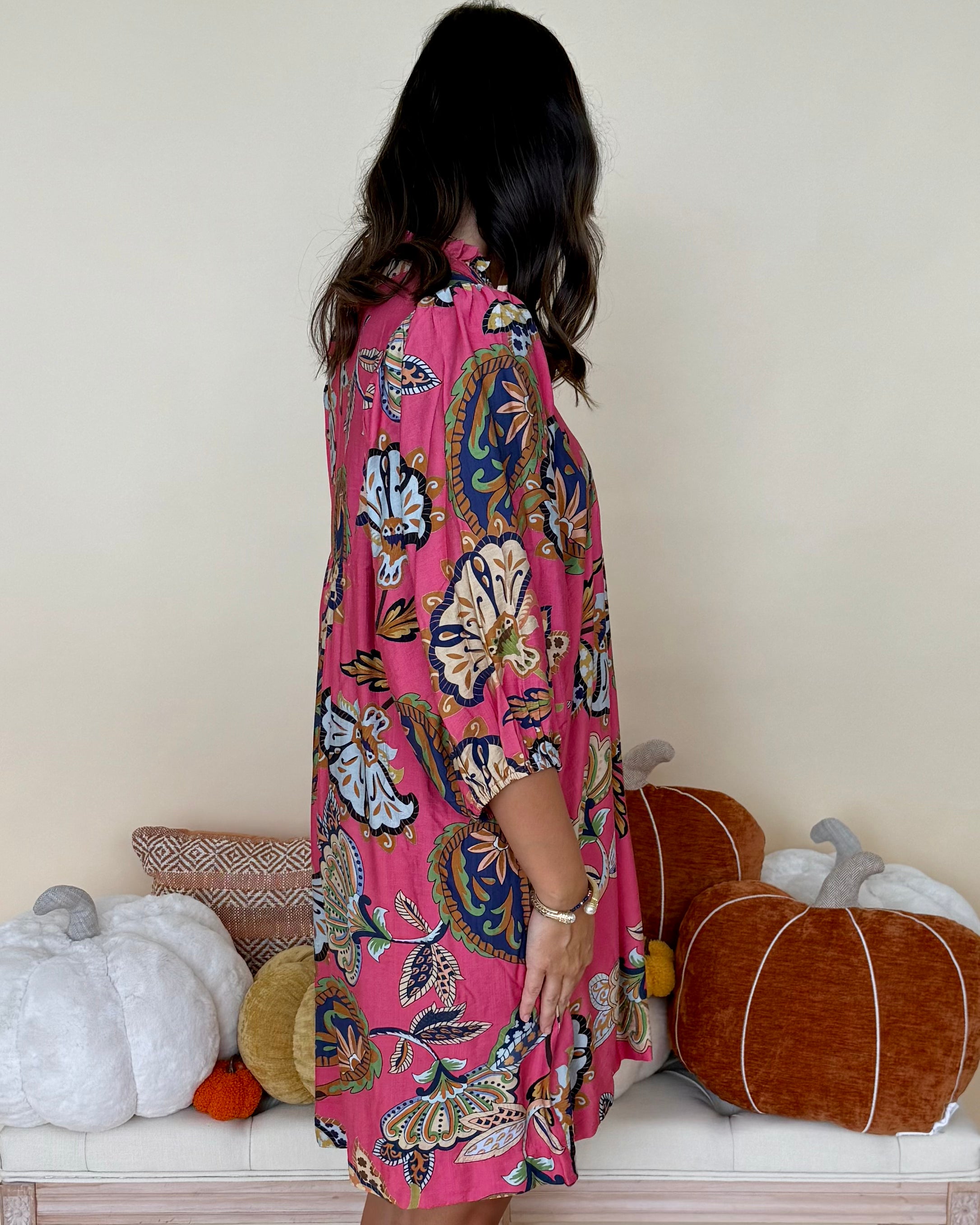 Autumn Breeze Pink Abstract Ruffle Dress-Shop-Womens-Boutique-Clothing