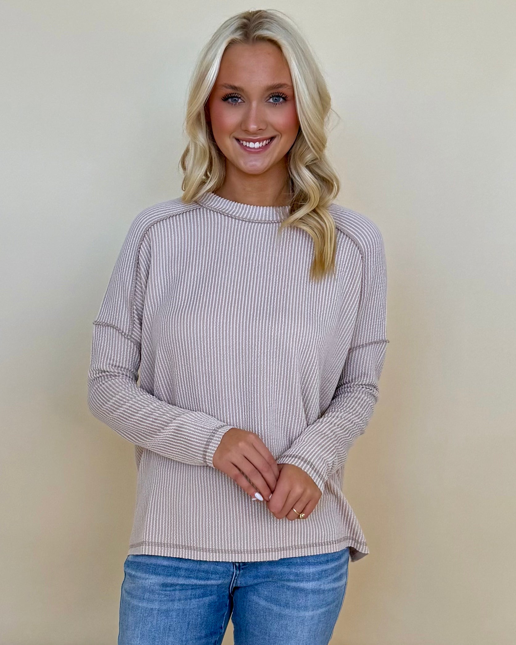 Relaxed Mocha Raised Rib Raw Edge Top-Shop-Womens-Boutique-Clothing