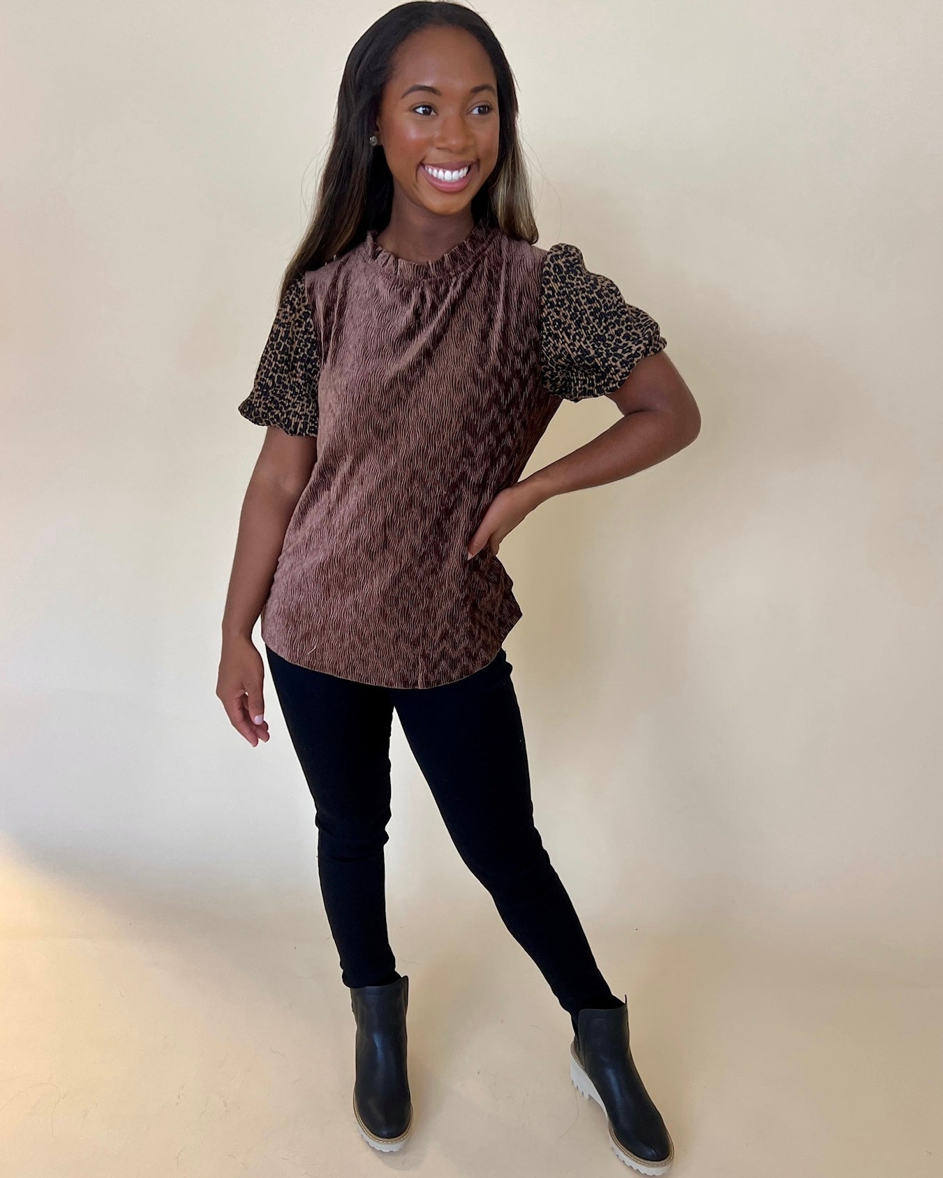 Boldly Brown Pleated Velvet Leopard Top-Shop-Womens-Boutique-Clothing