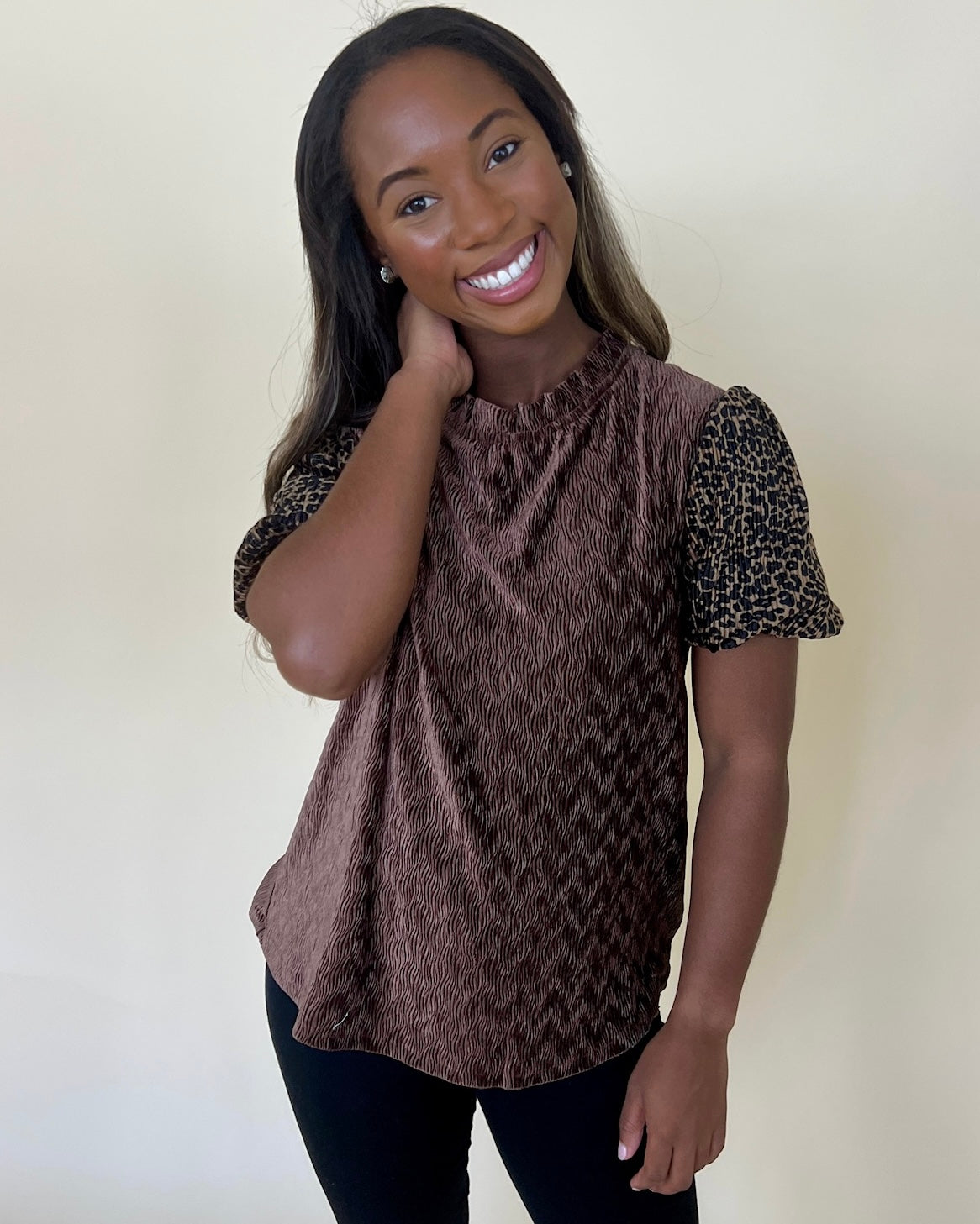 Boldly Brown Pleated Velvet Leopard Top-Shop-Womens-Boutique-Clothing