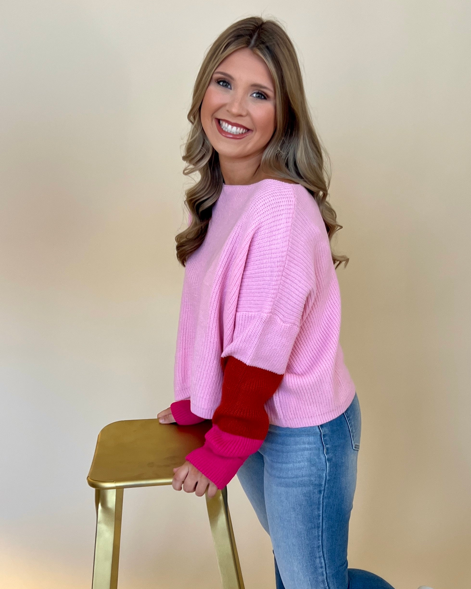 Be True Bubble Pink Color Block Sweater-Shop-Womens-Boutique-Clothing