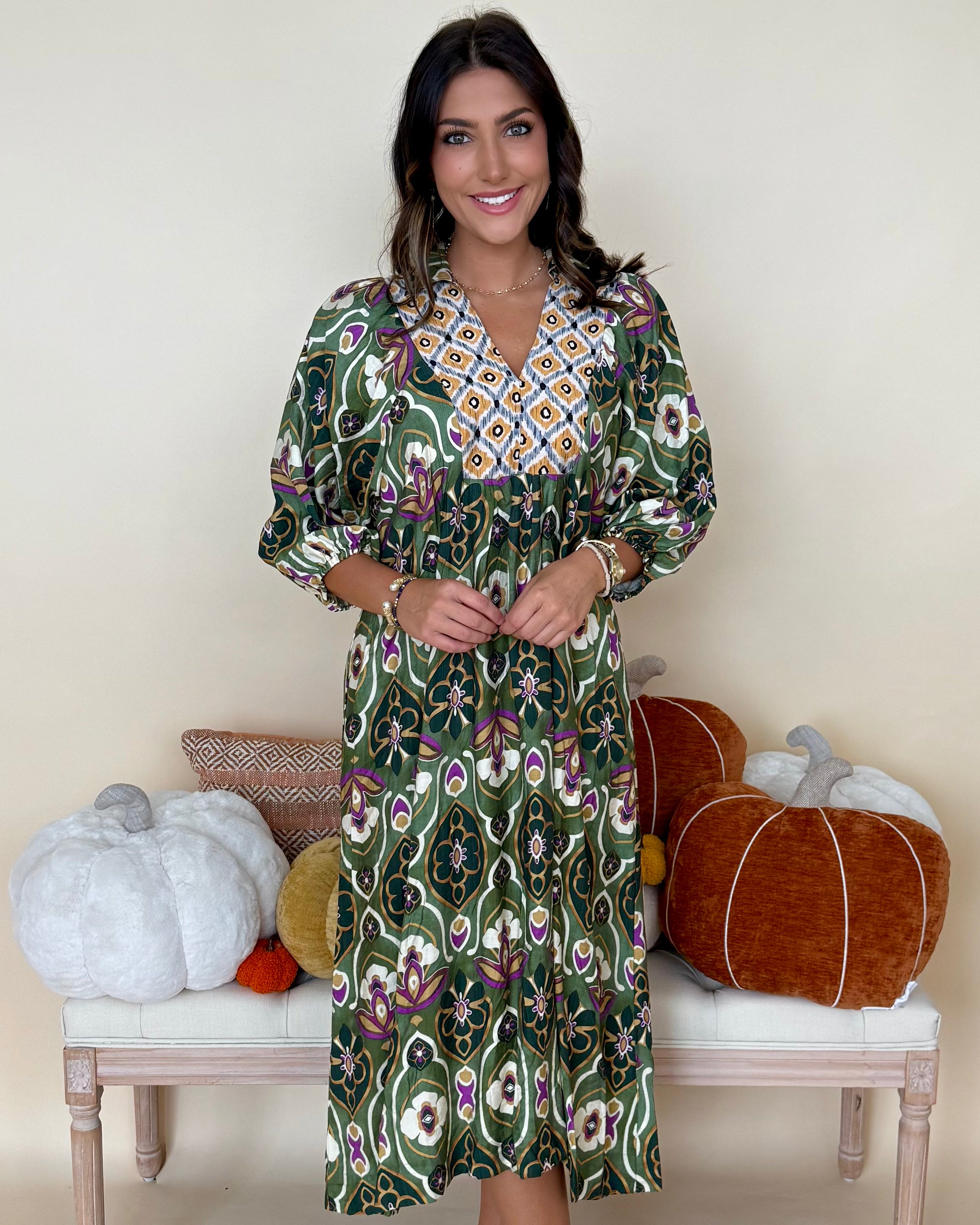 Best Day Green Mix Abstract Midi Dress-Shop-Womens-Boutique-Clothing