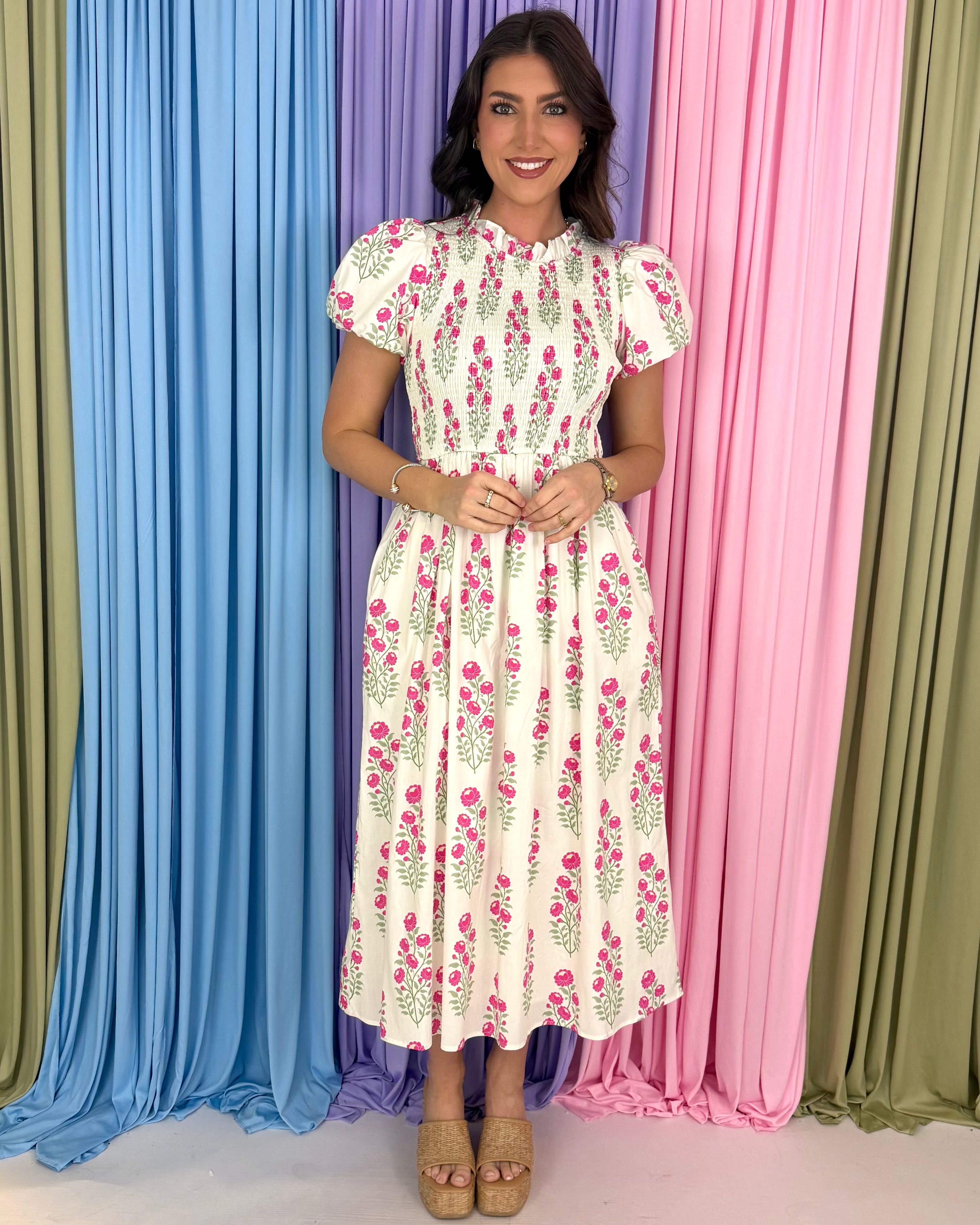 Hearts Abound Cream Floral Smocked Midi Dress-Shop-Womens-Boutique-Clothing