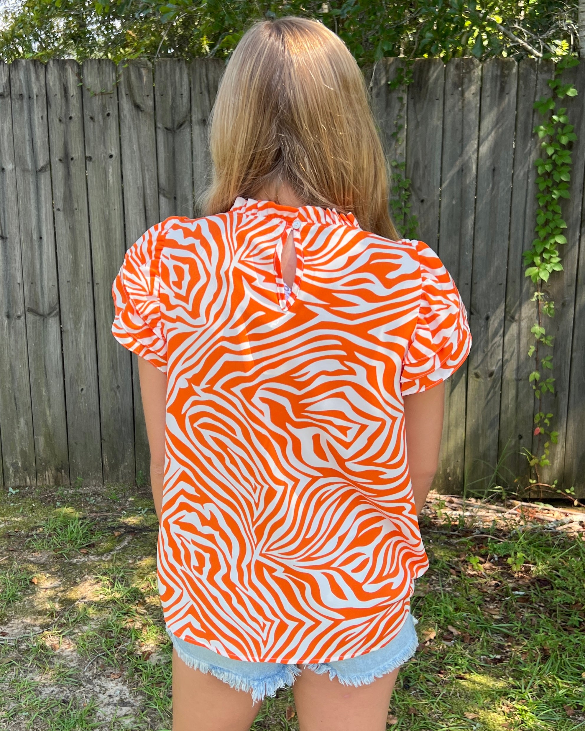 Ready To Go Orange Zebra High Neck Ruffle Sleeve Top-Shop-Womens-Boutique-Clothing