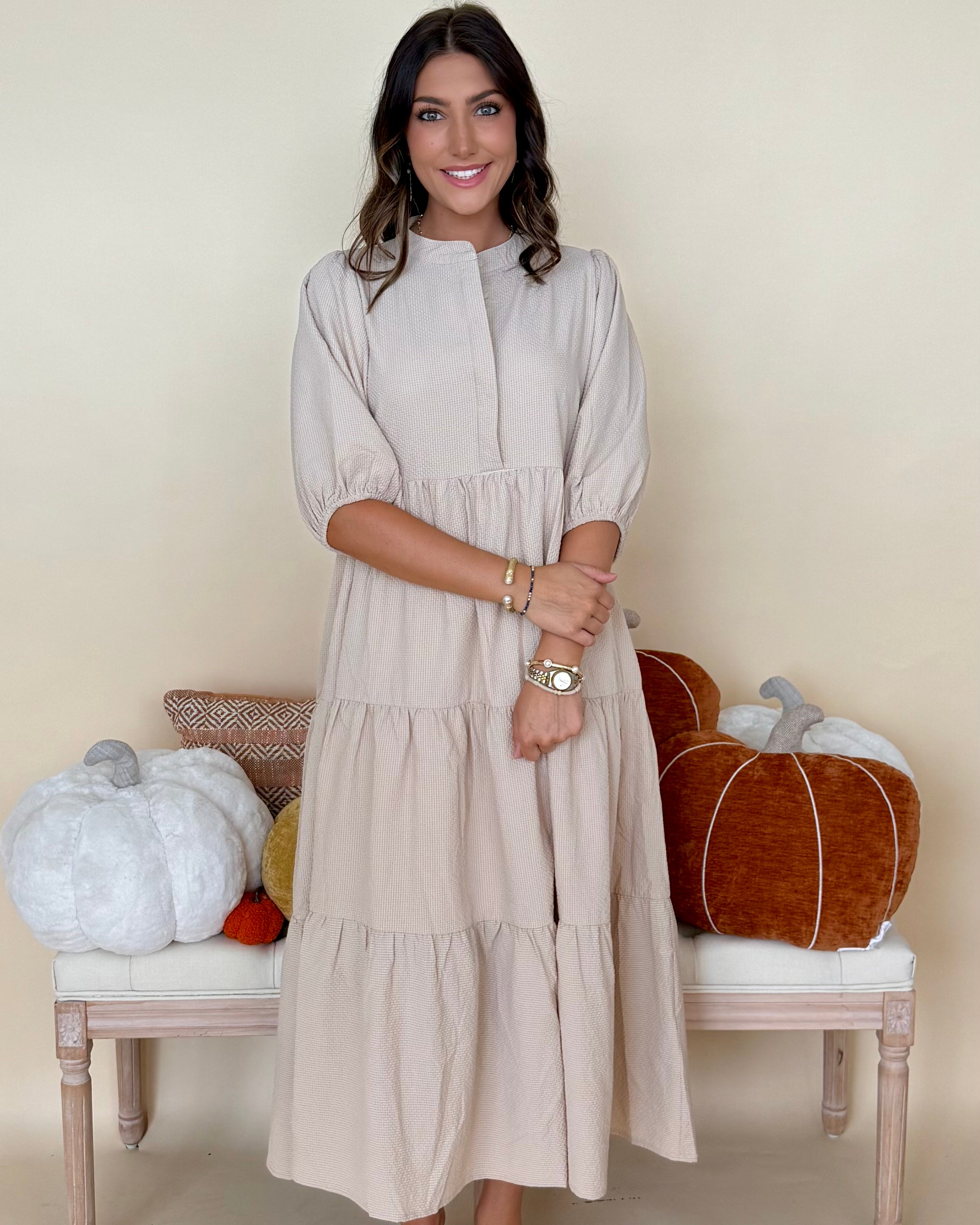 Back To It Stone Textured Midi Dress-Shop-Womens-Boutique-Clothing