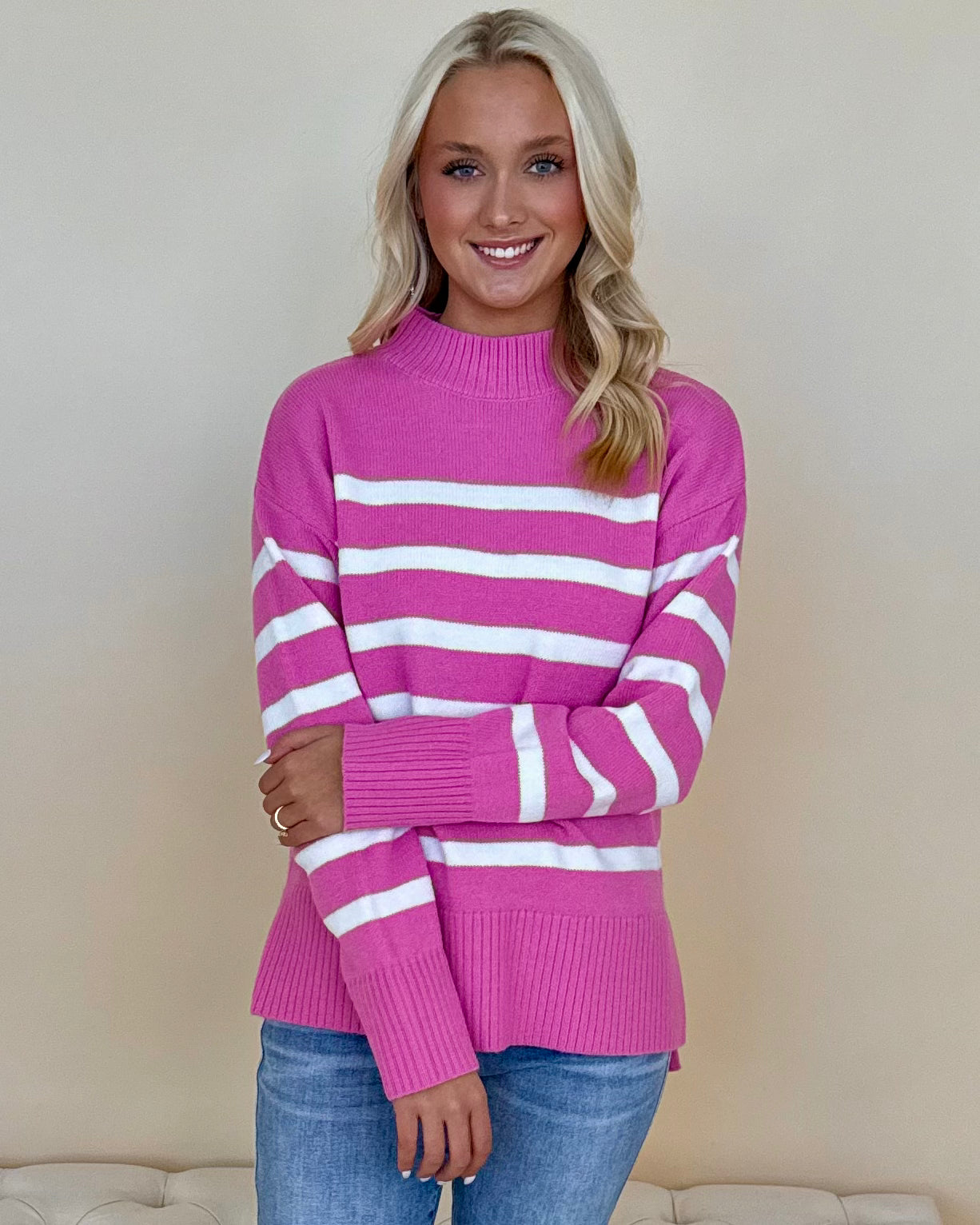Easy Wear Candy Pink/Ivory Striped Sweater-Shop-Womens-Boutique-Clothing