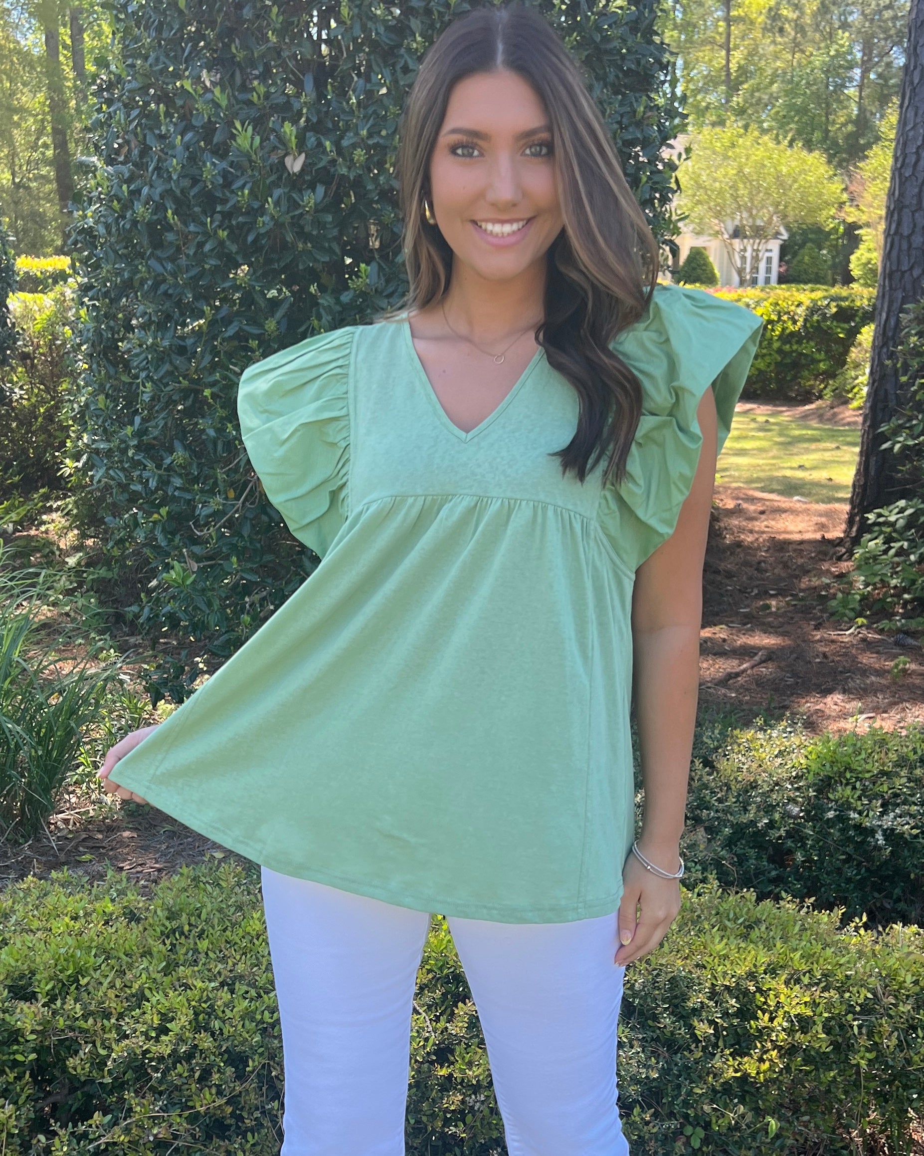 It Was Sage V-neck Ruffle Top-Shop-Womens-Boutique-Clothing