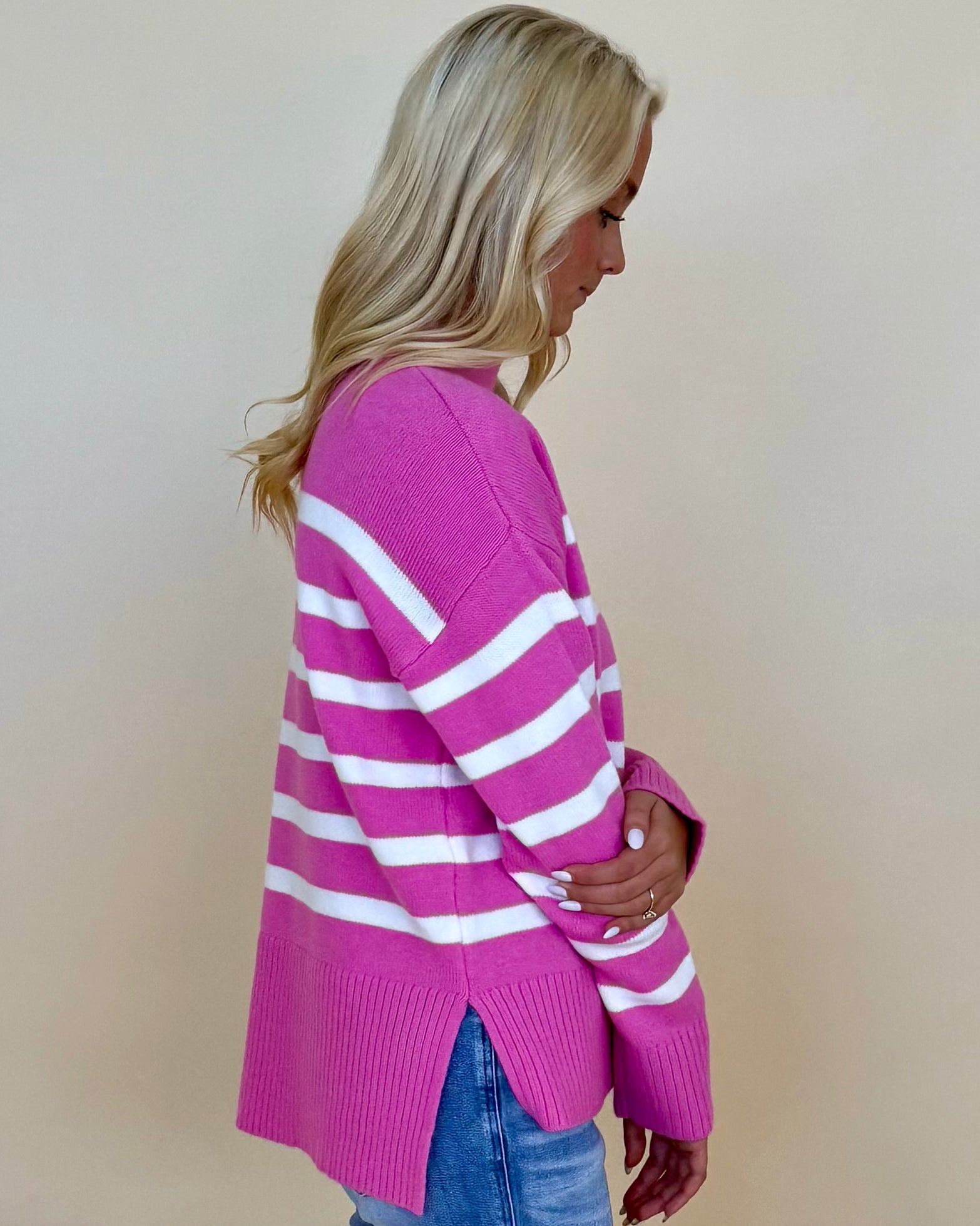 Easy Wear Candy Pink/Ivory Striped Sweater-Shop-Womens-Boutique-Clothing