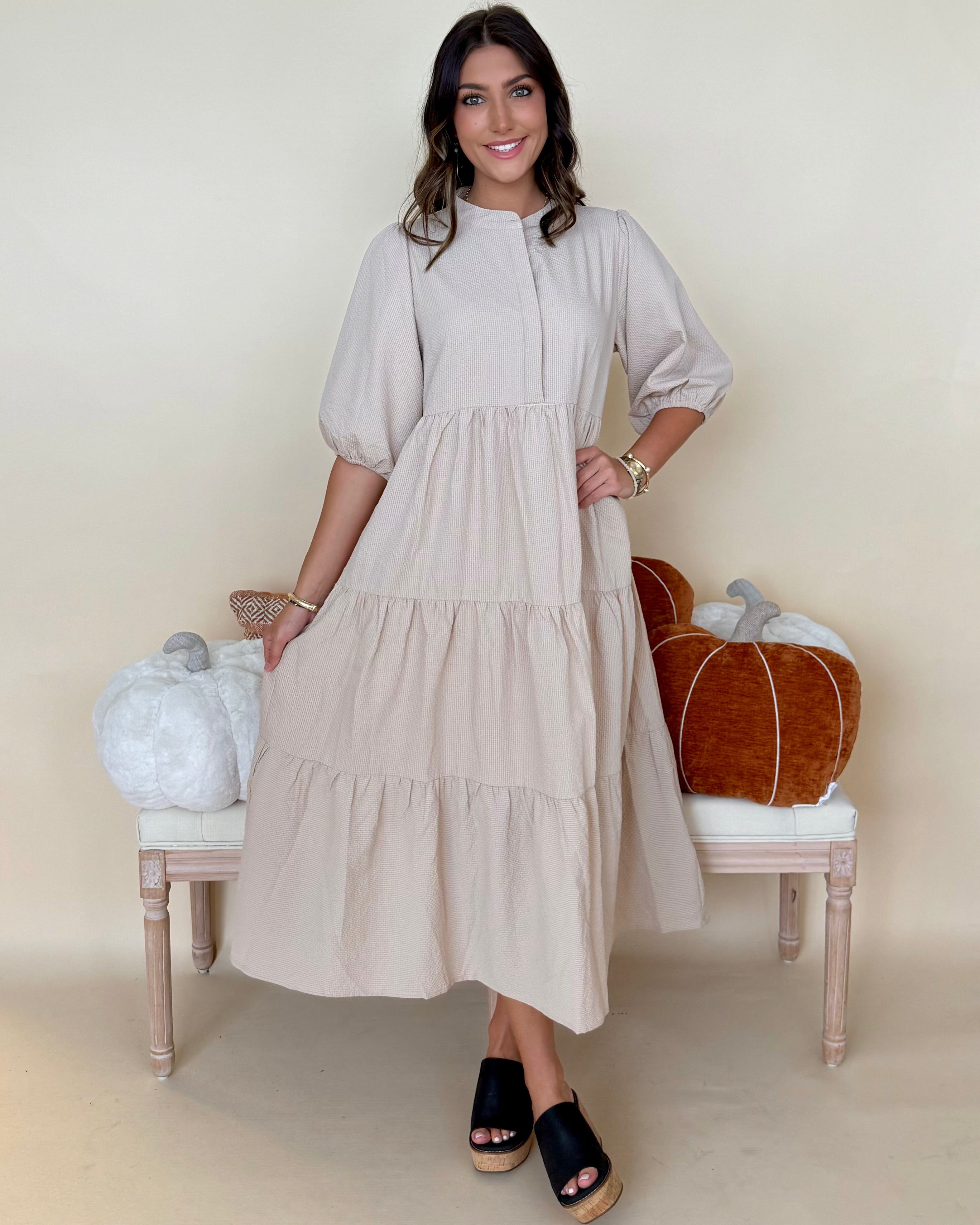 Back To It Stone Textured Midi Dress-Shop-Womens-Boutique-Clothing