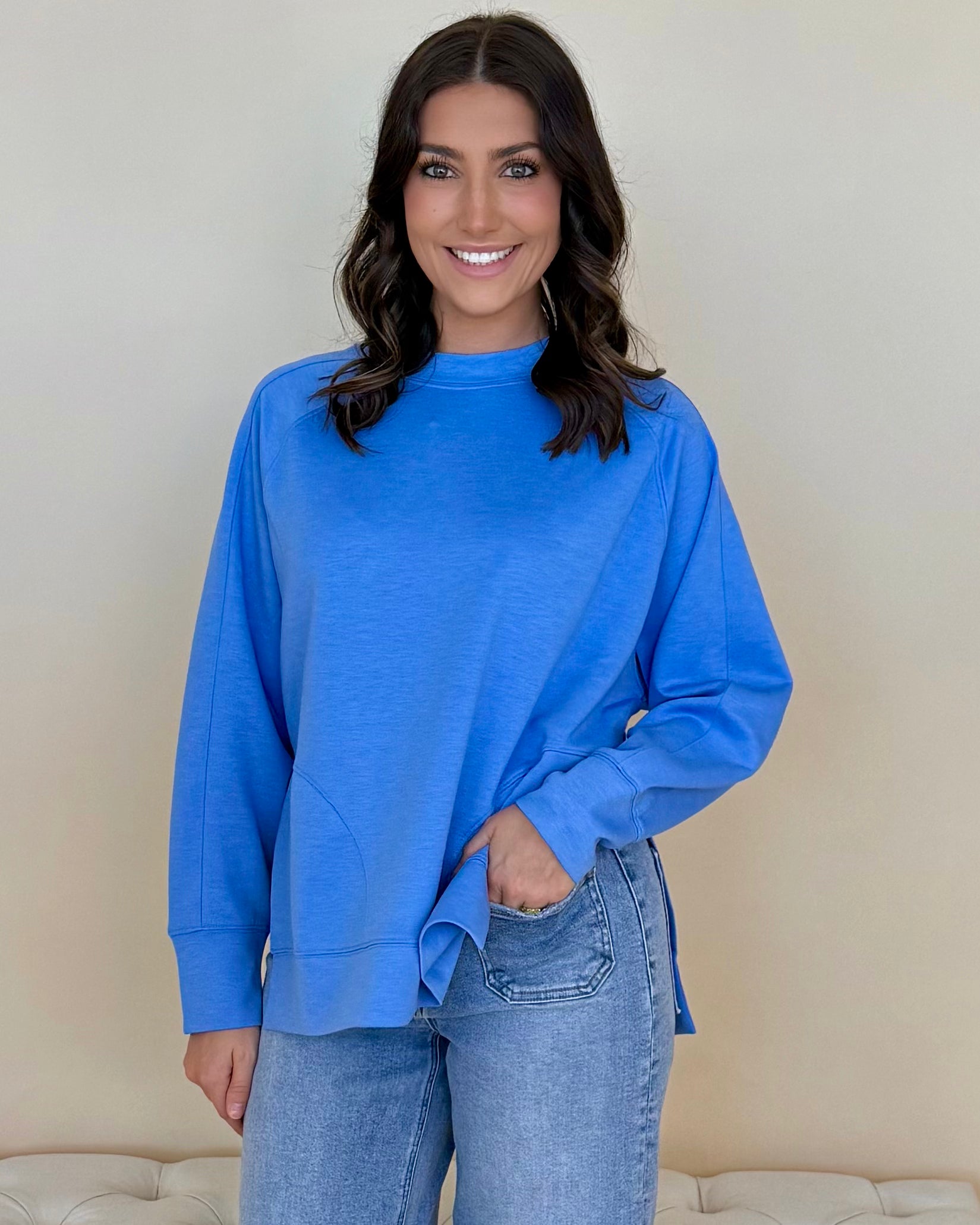 Chill Vibe Blue Scuba Side Slit Sweatshirt-Shop-Womens-Boutique-Clothing