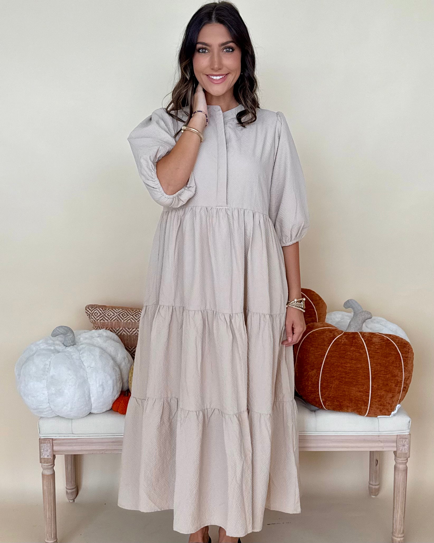 Back To It Stone Textured Midi Dress-Shop-Womens-Boutique-Clothing