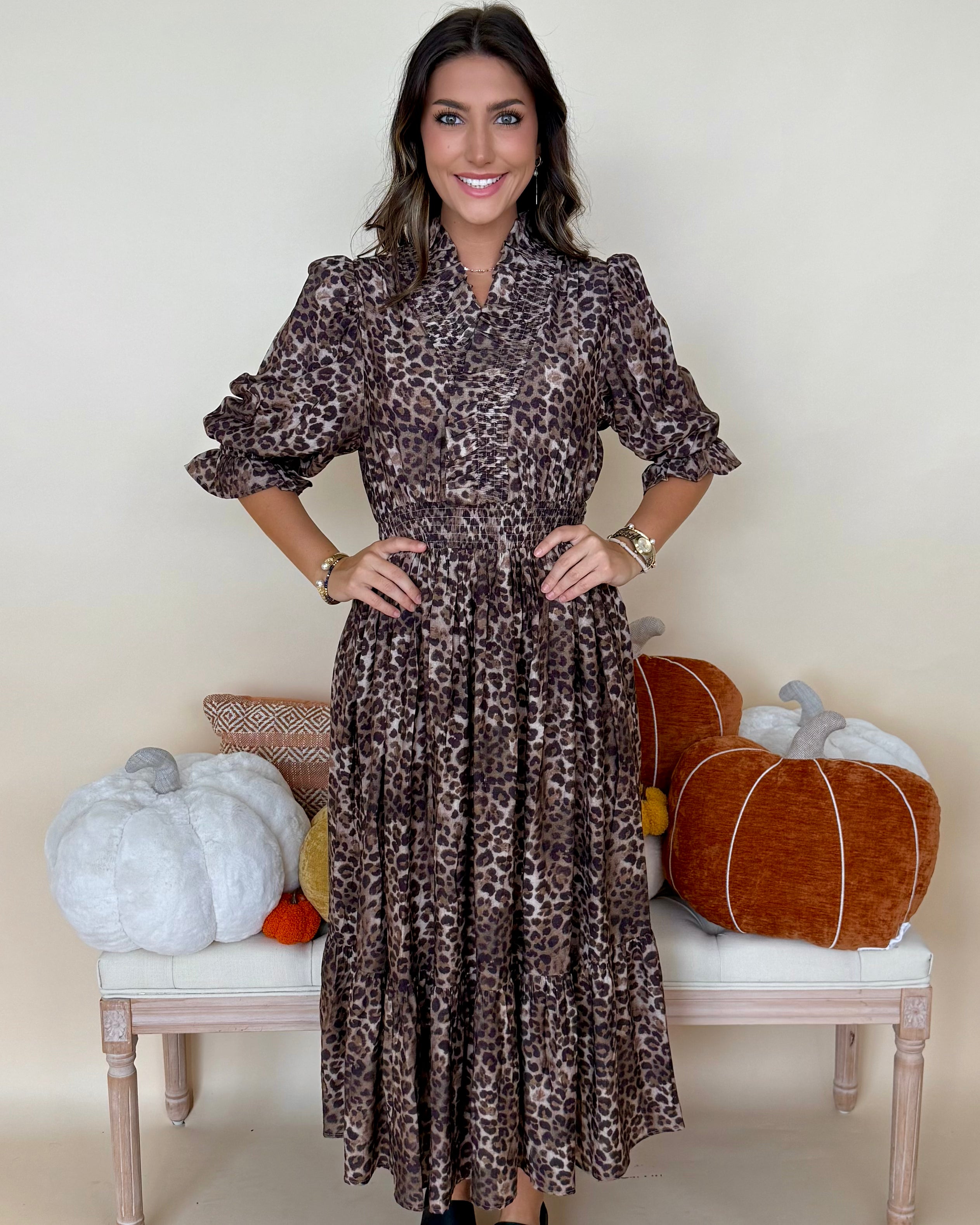 Show Up Olive Animal Smocked Midi Dress-Shop-Womens-Boutique-Clothing