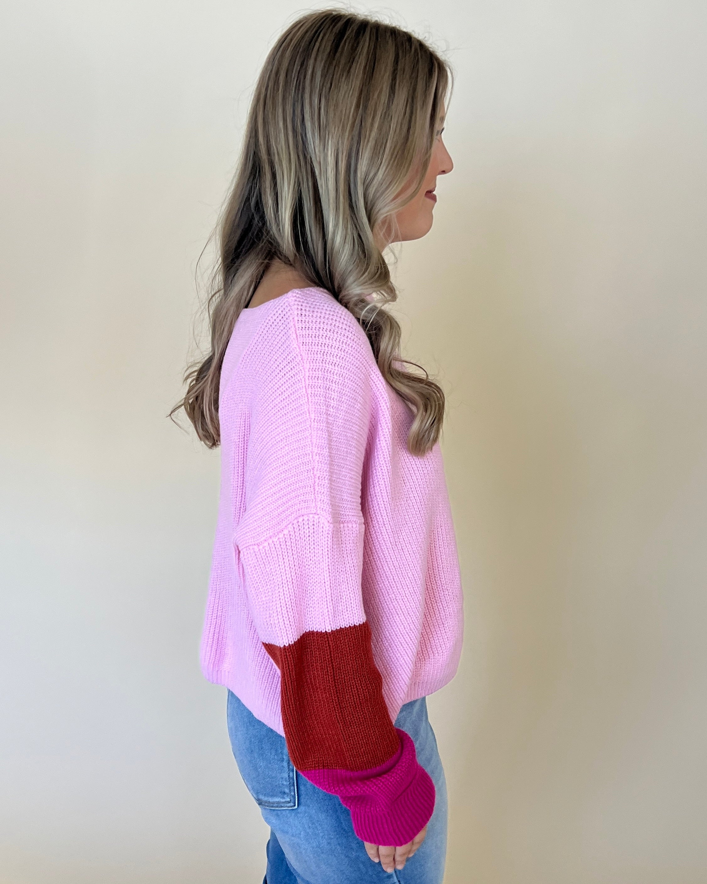 Be True Bubble Pink Color Block Sweater-Shop-Womens-Boutique-Clothing