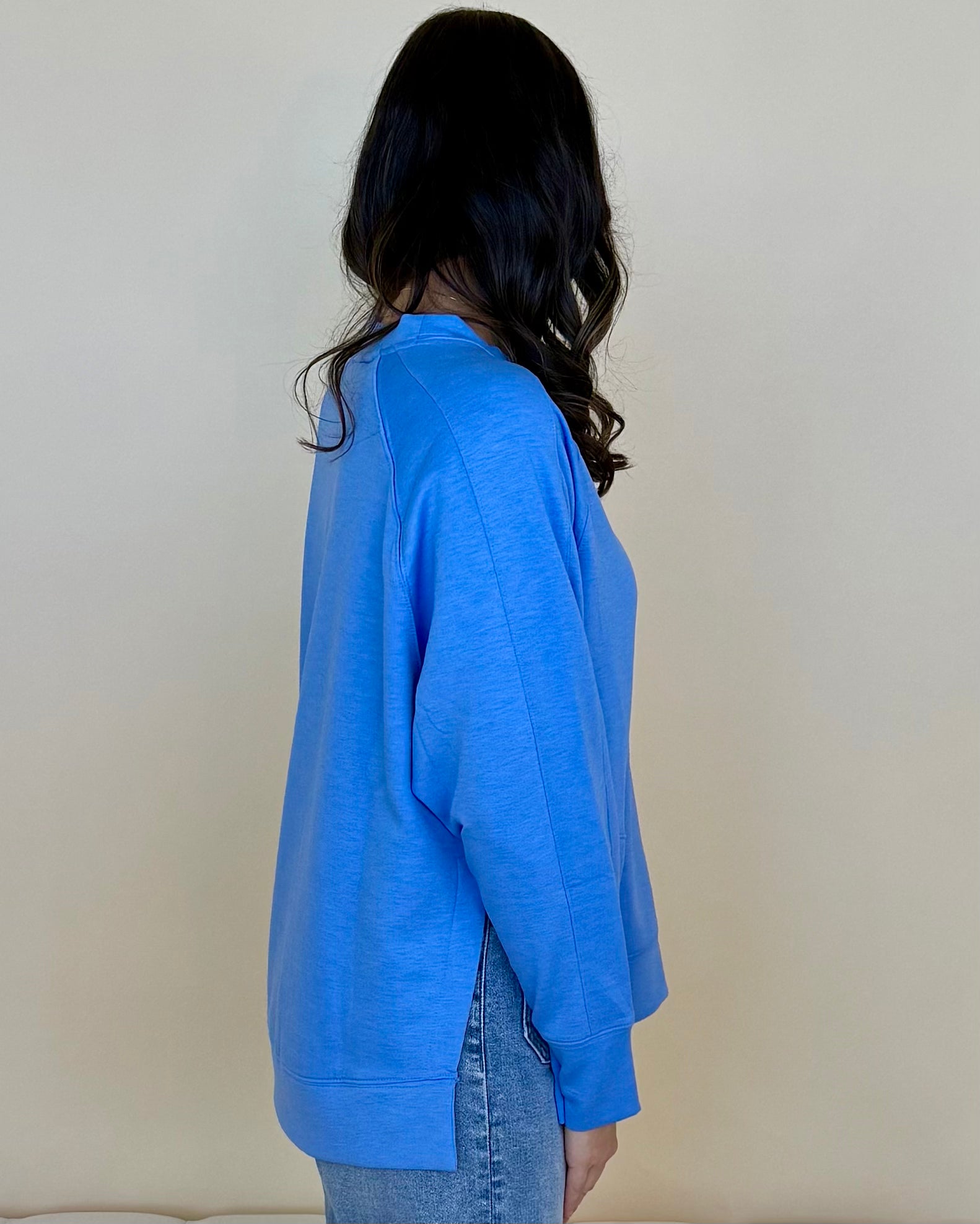 Chill Vibe Blue Scuba Side Slit Sweatshirt-Shop-Womens-Boutique-Clothing