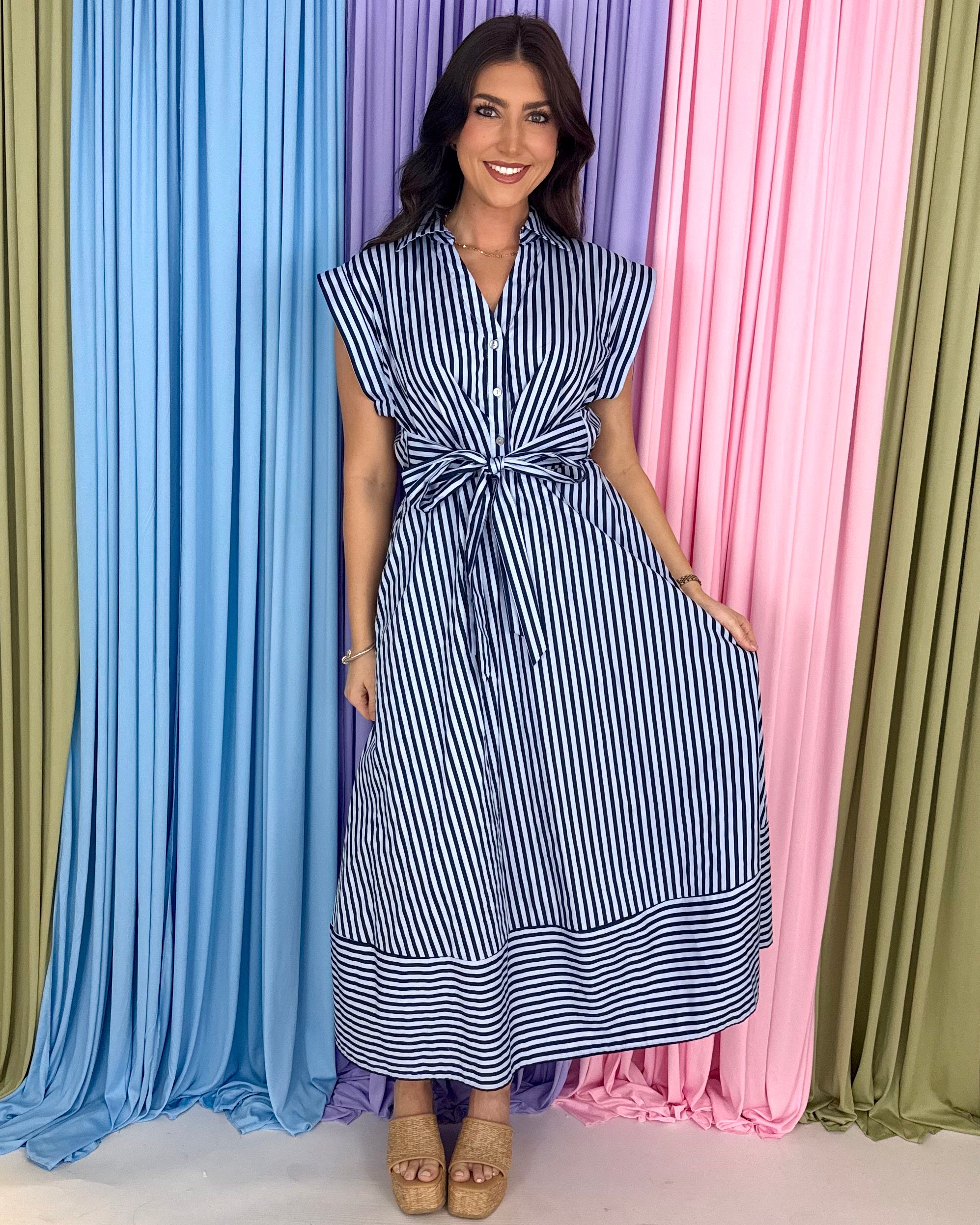 Everyday Muse Navy Striped Midi Dress-Shop-Womens-Boutique-Clothing