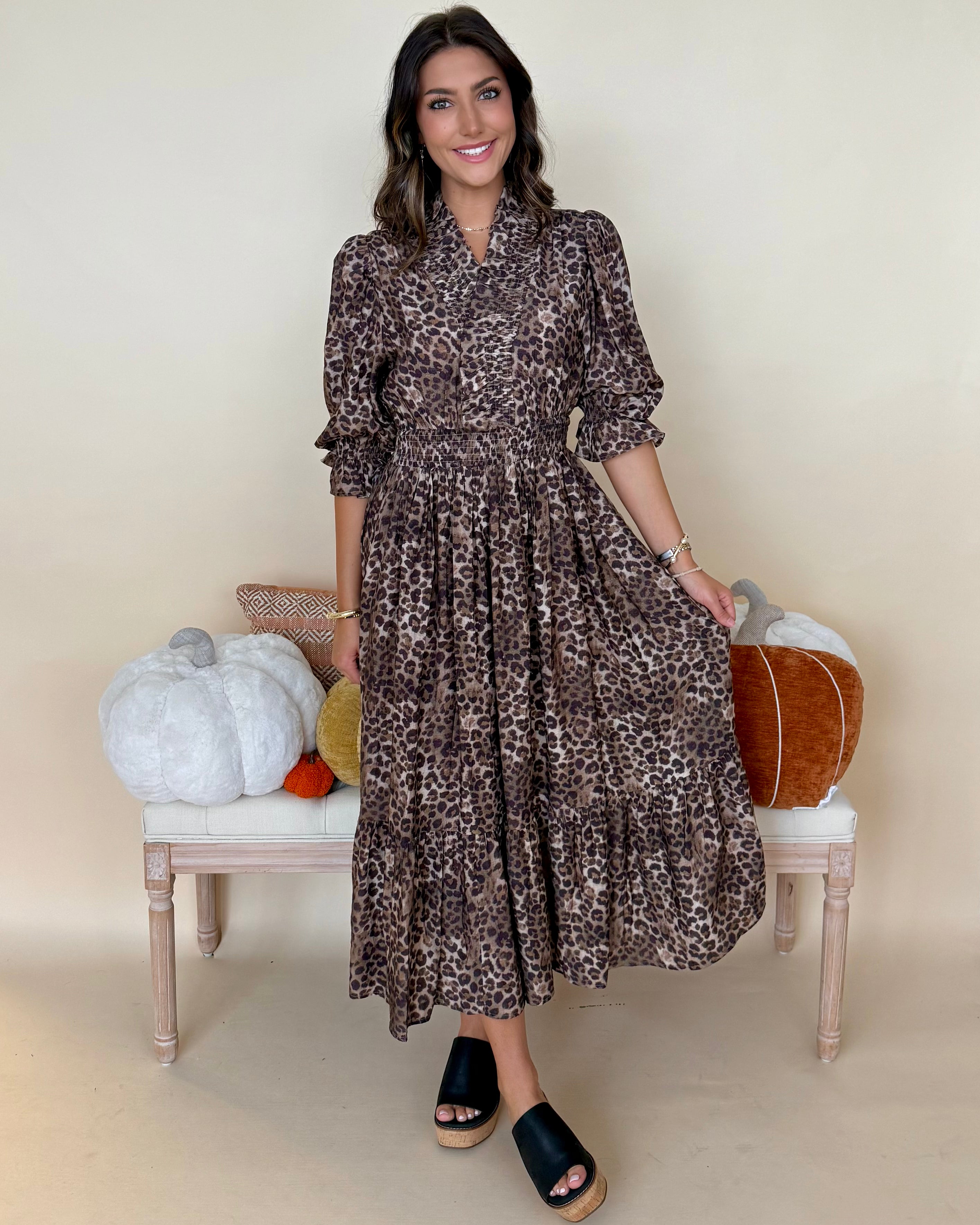 Show Up Olive Animal Smocked Midi Dress-Shop-Womens-Boutique-Clothing
