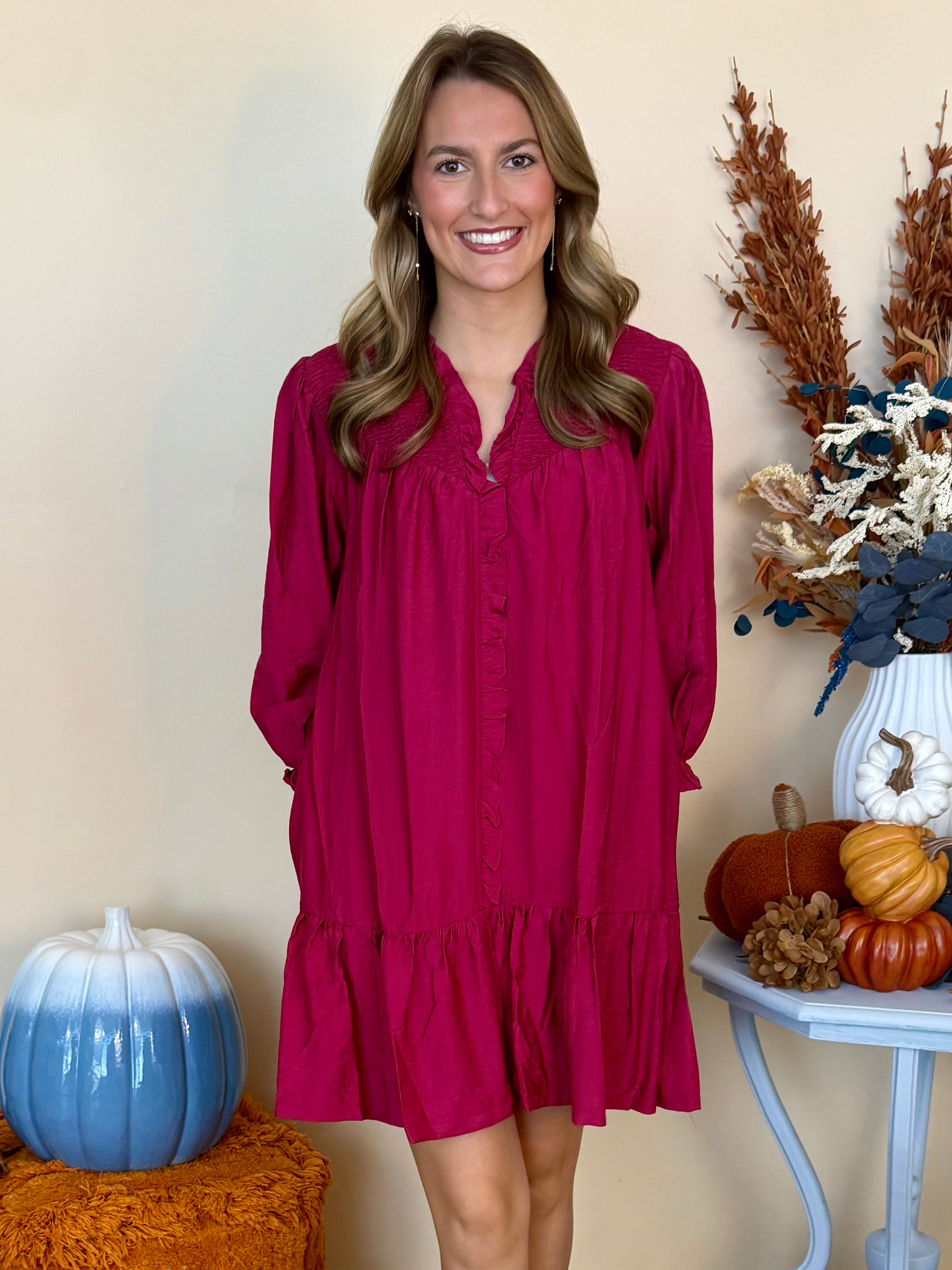 The Final Rose Mulberry Smocked Ruffle Detail Dress-Shop-Womens-Boutique-Clothing
