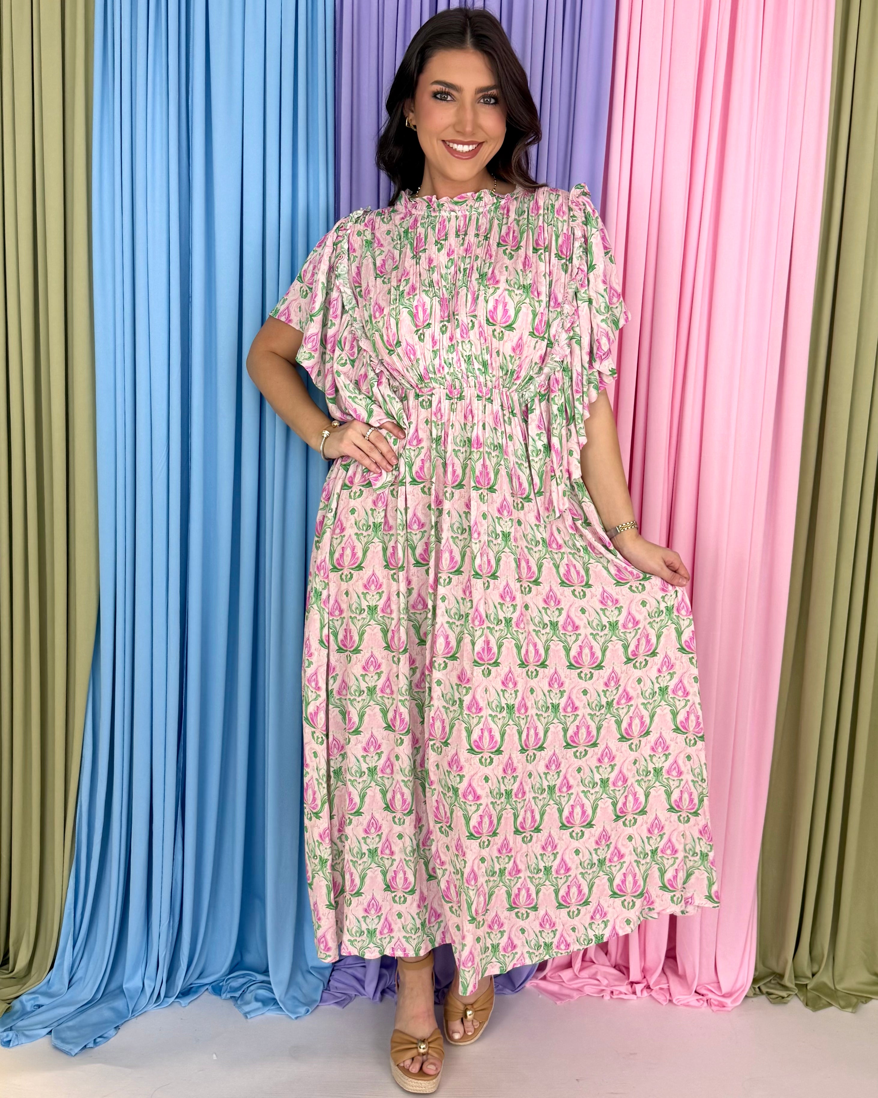 Lovebound Blush Mix Flutter Ruffle Midi Dress-Shop-Womens-Boutique-Clothing