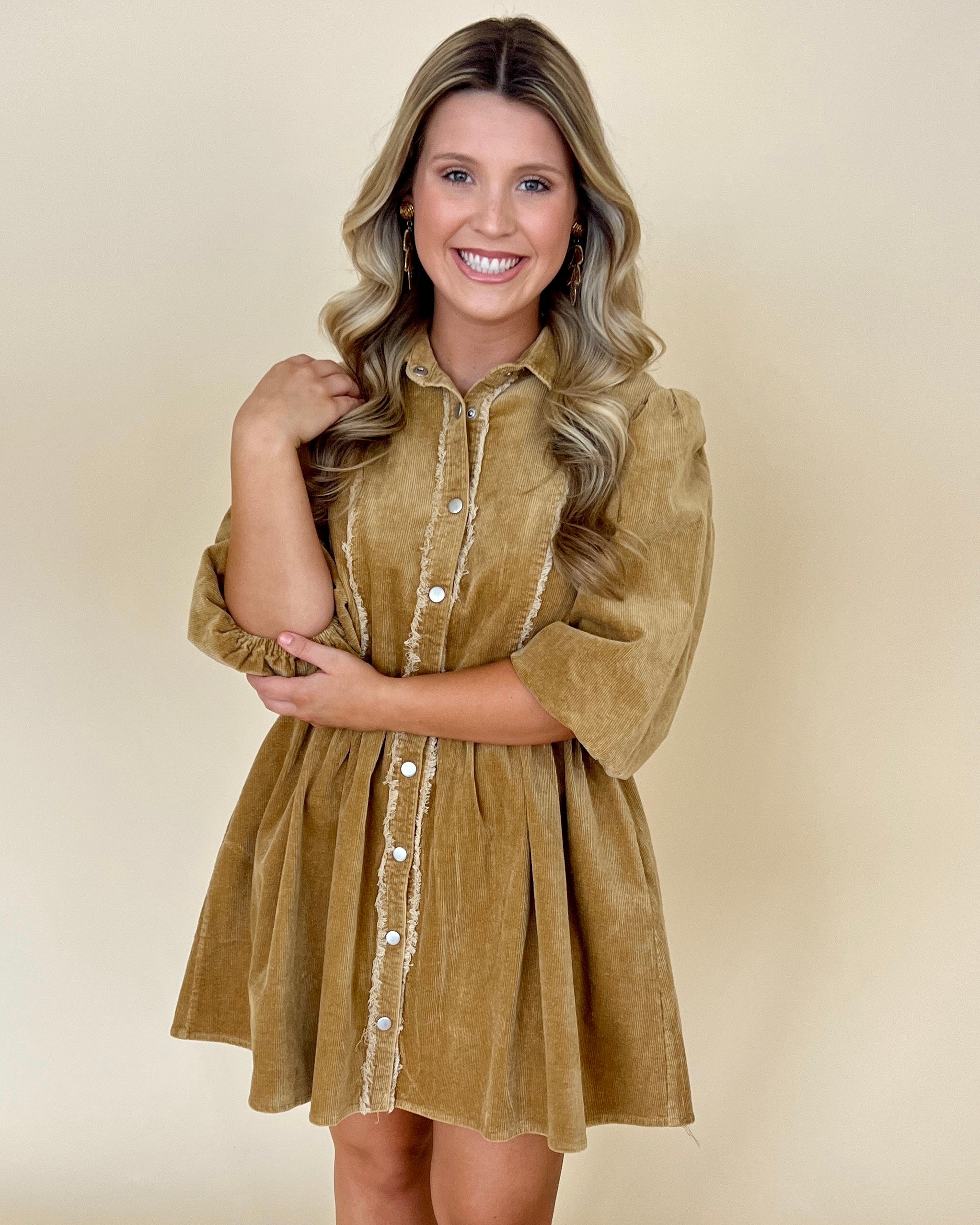 Always Cold Camel Corduroy Puff Sleeve Dress-Shop-Womens-Boutique-Clothing