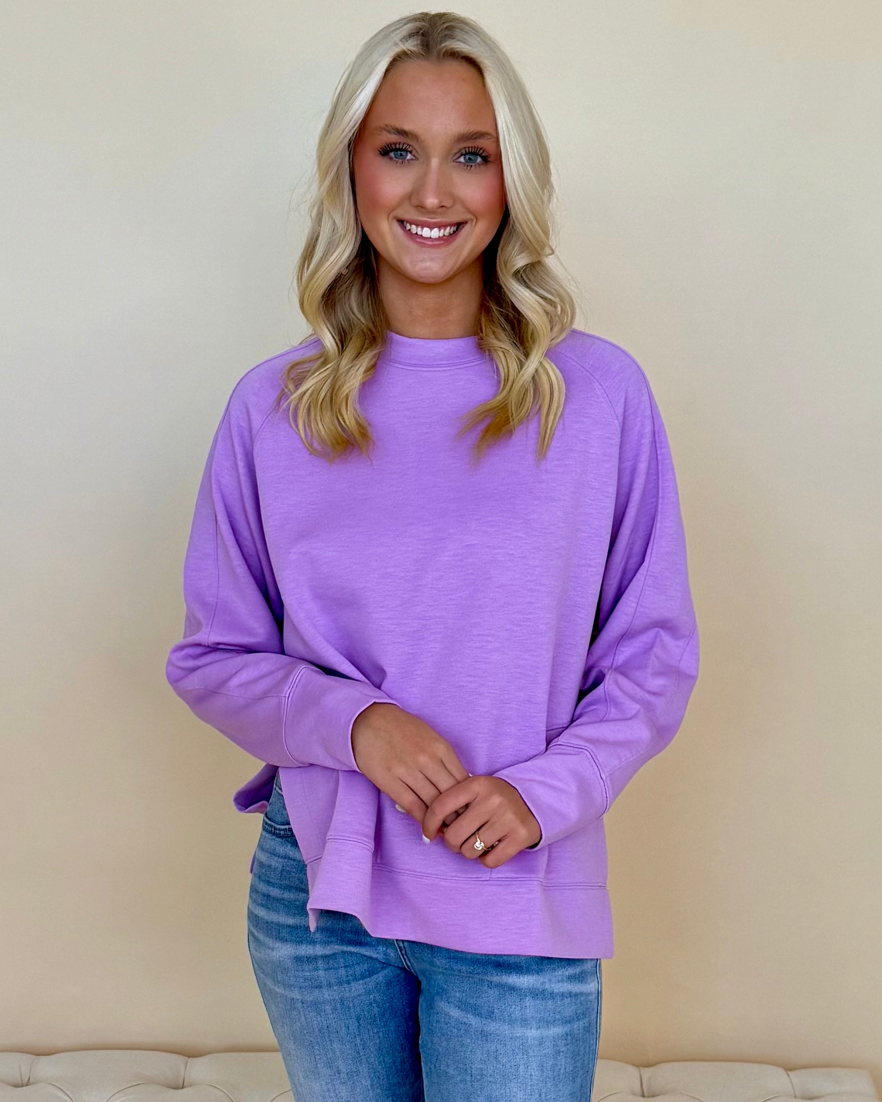 Chill Vibe Lavender Scuba Side Slit Sweatshirt-Shop-Womens-Boutique-Clothing