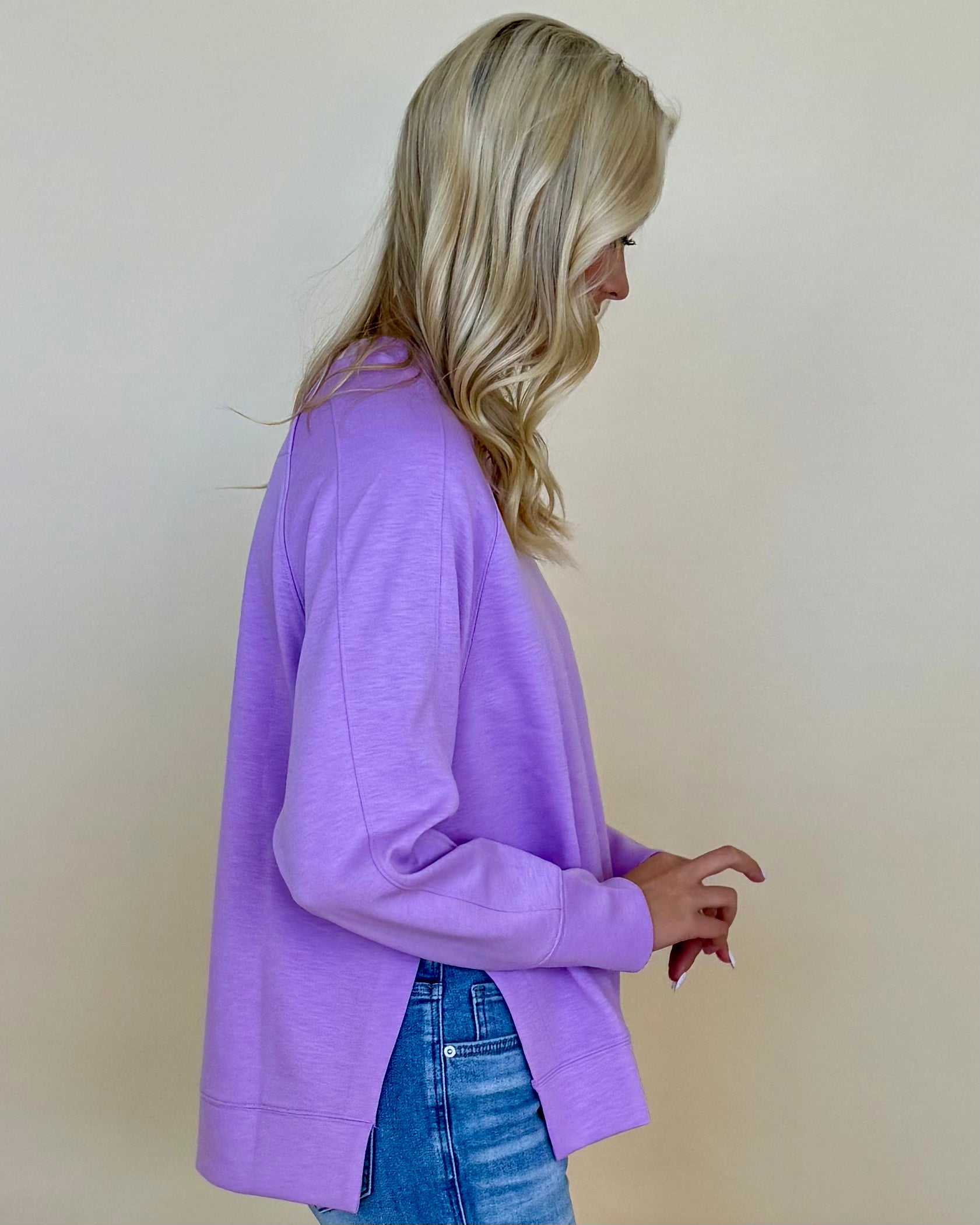 Chill Vibe Lavender Scuba Side Slit Sweatshirt-Shop-Womens-Boutique-Clothing