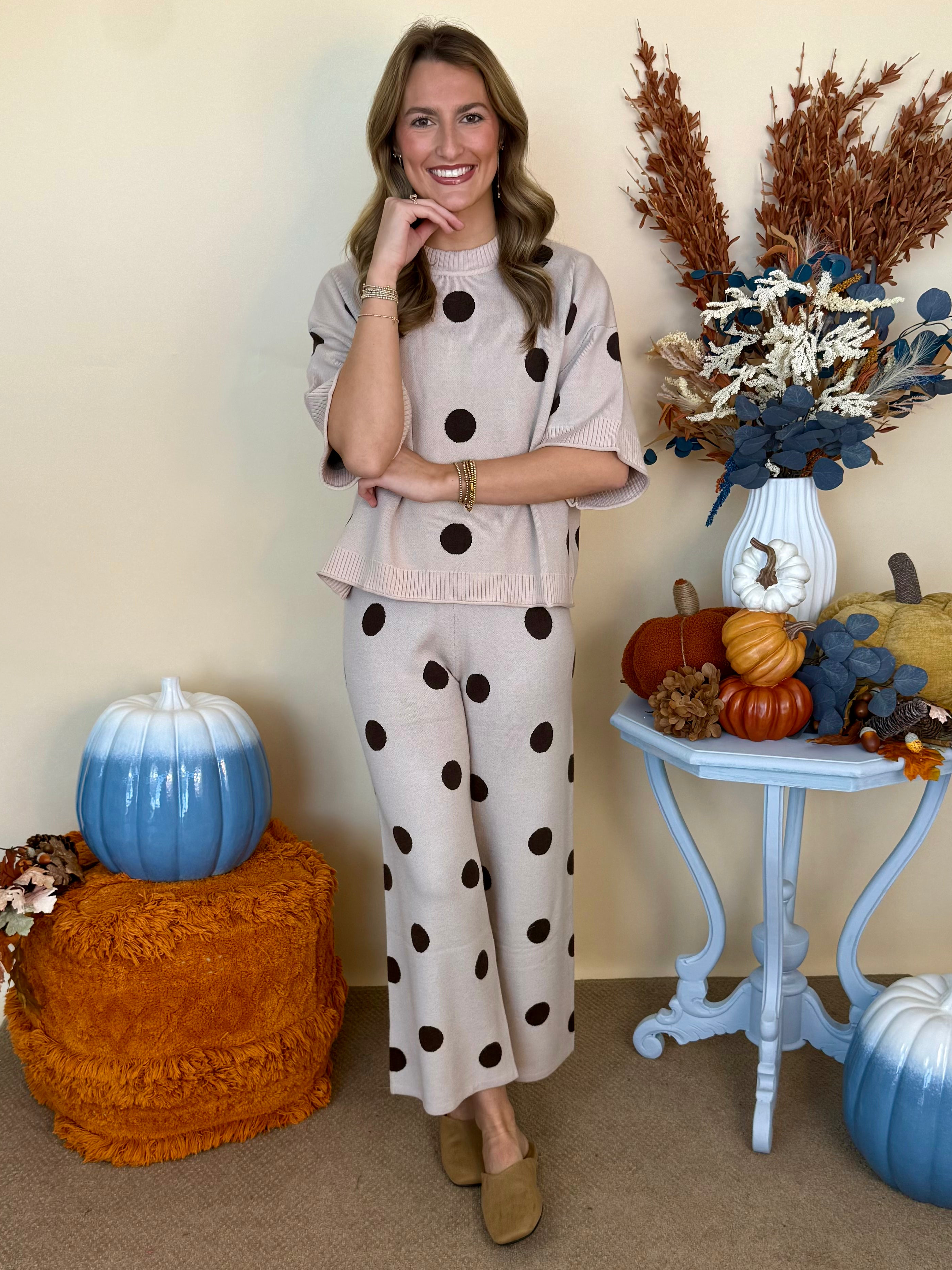 Something New Beige Polka Dot Short Sleeve Sweater-Shop-Womens-Boutique-Clothing
