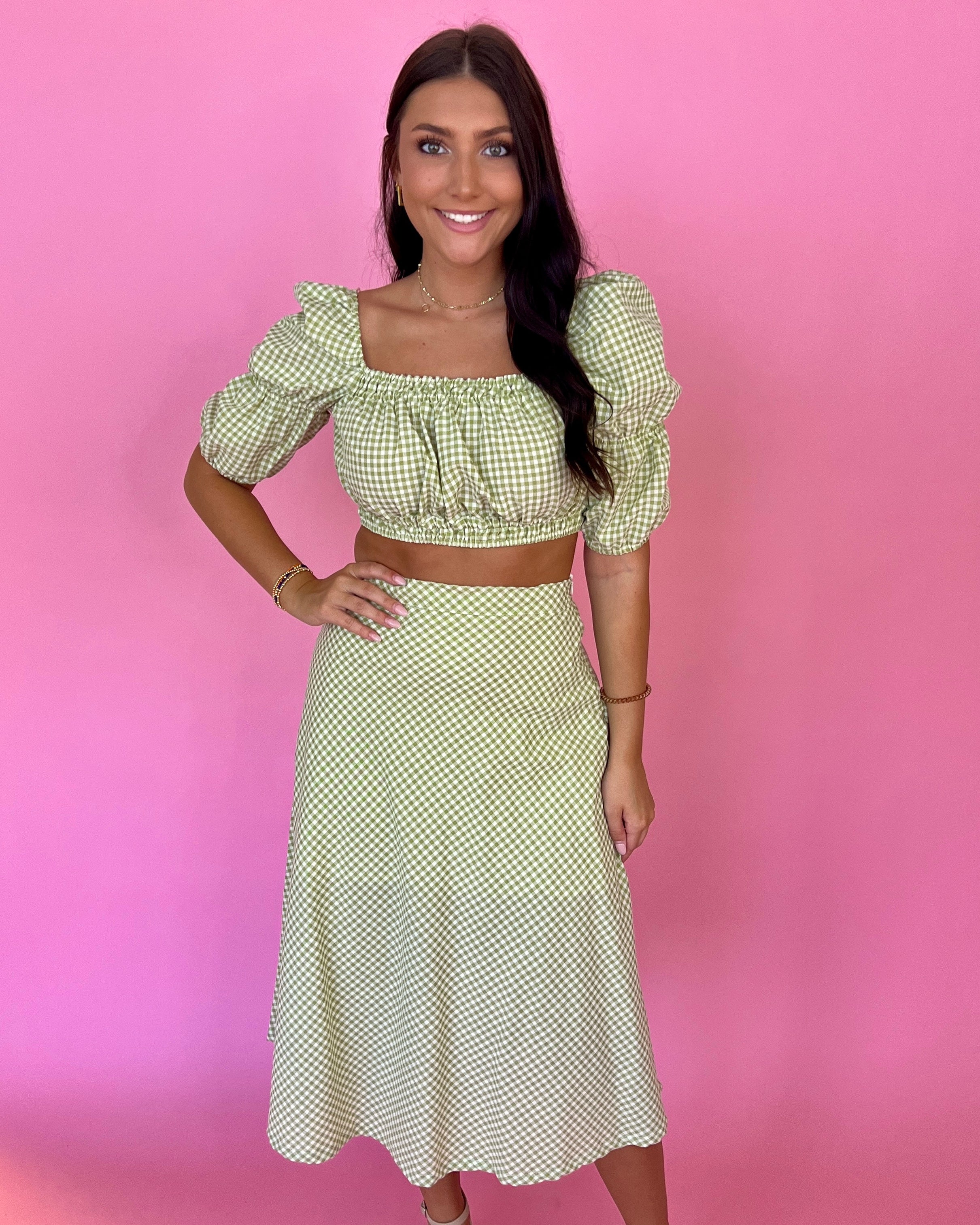 Sweet Dreams Green Gingham Puff Sleeve Cropped Top-Shop-Womens-Boutique-Clothing