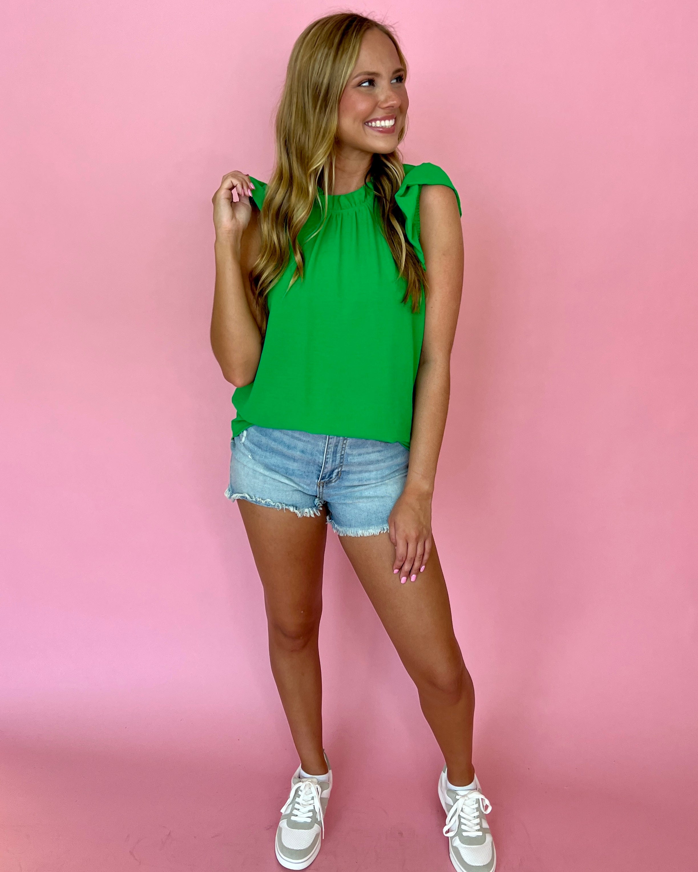 Make A Deal Kelly Green Ruffle Cap Sleeve Top-Shop-Womens-Boutique-Clothing