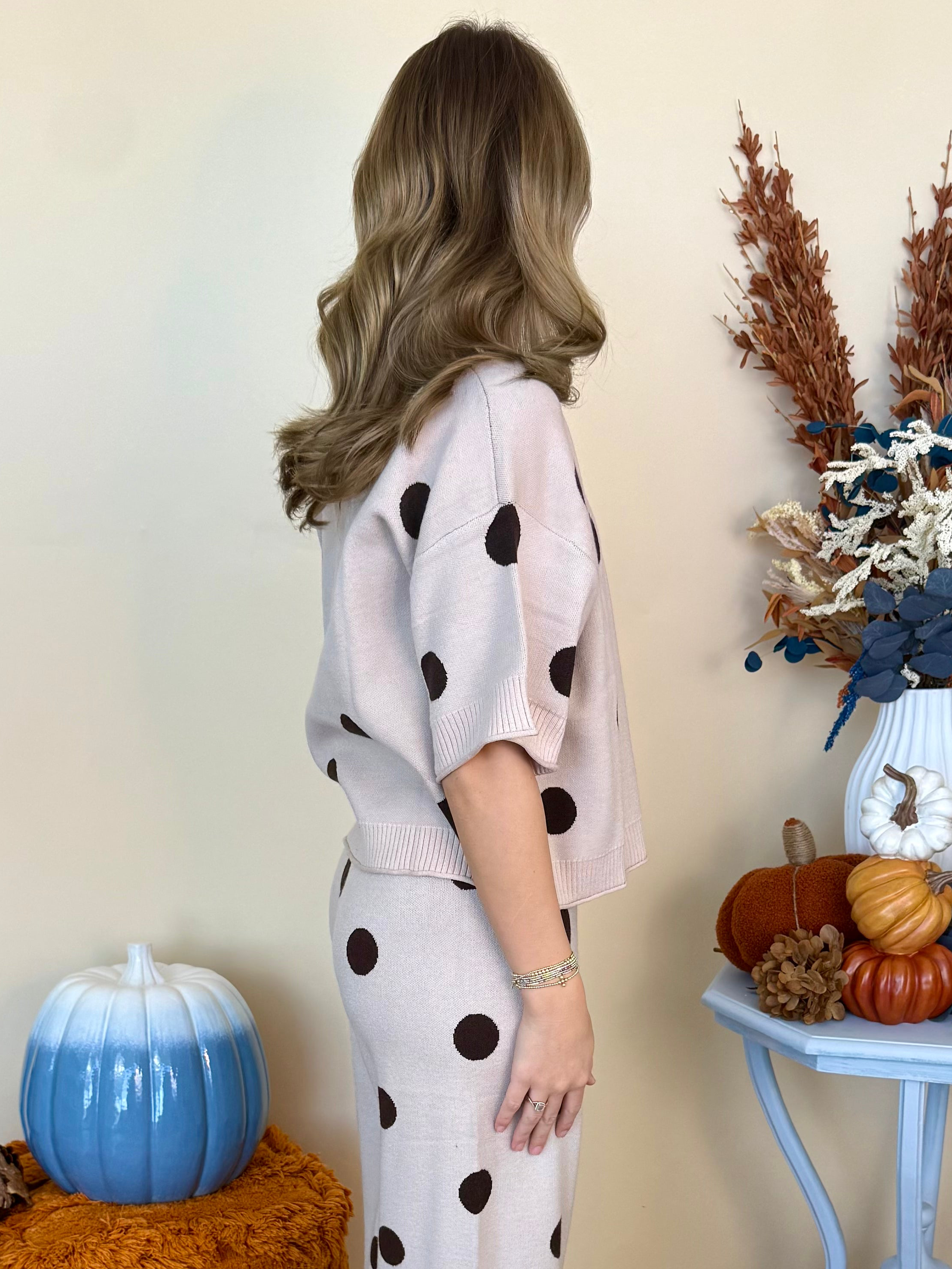 Something New Beige Polka Dot Short Sleeve Sweater-Shop-Womens-Boutique-Clothing