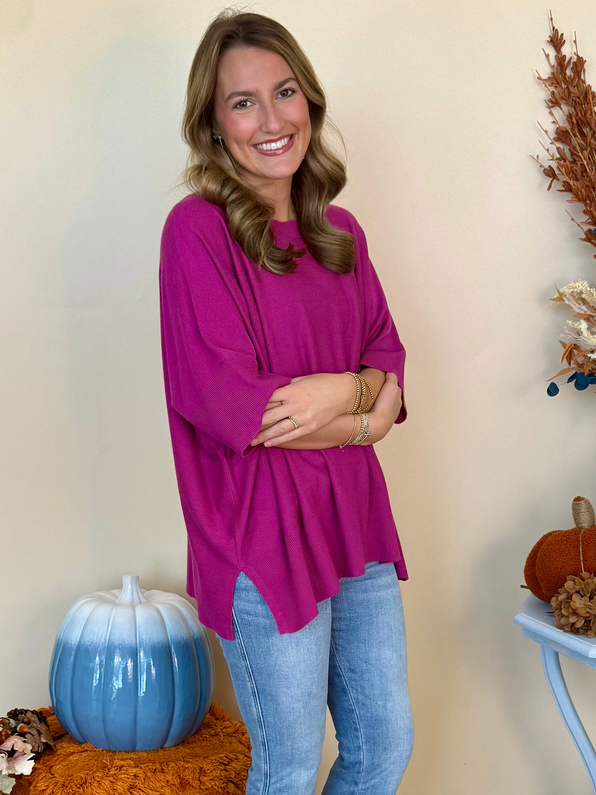 Go On Magenta Half Sleeve Oversized Sweater-Shop-Womens-Boutique-Clothing