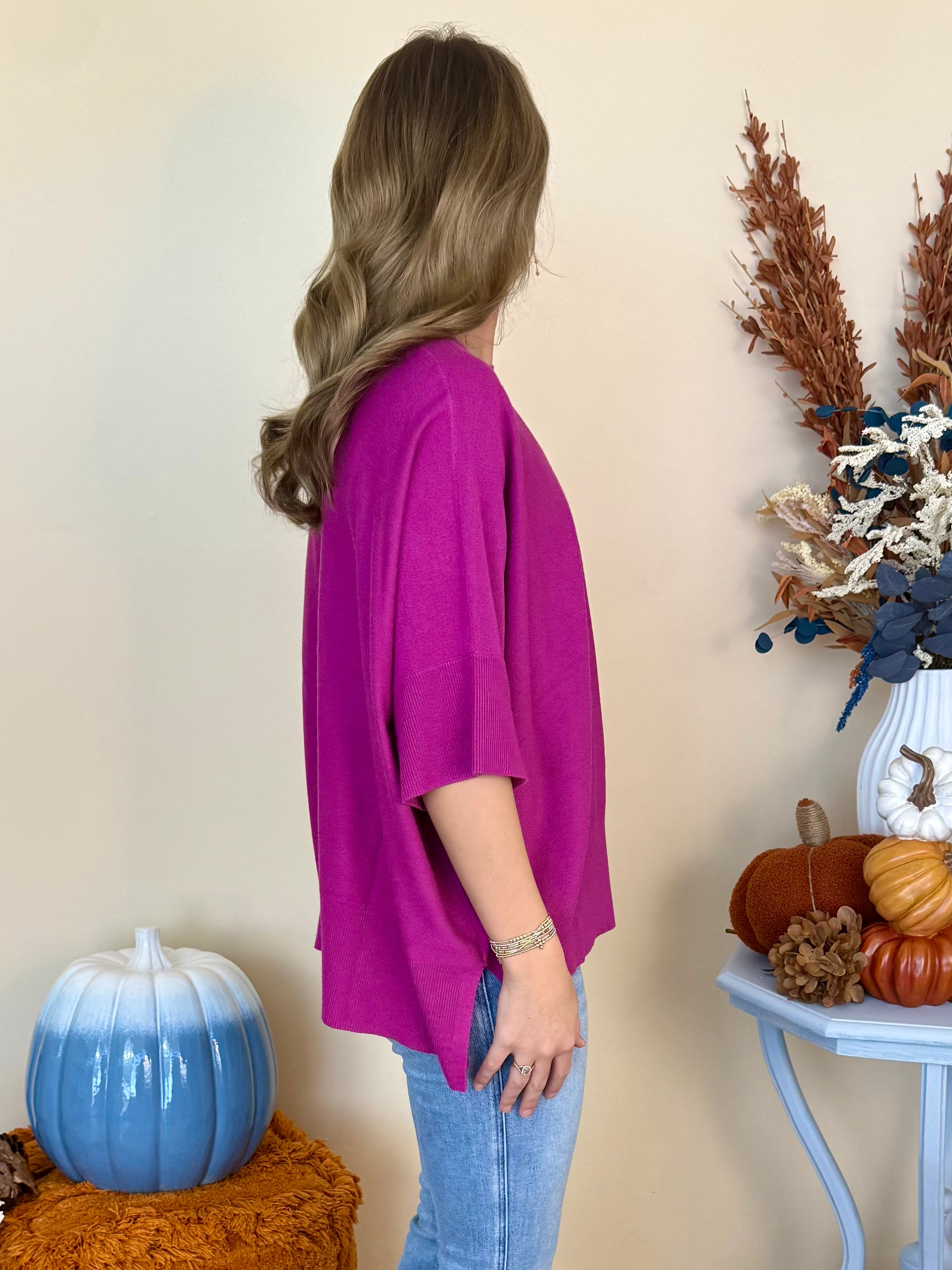 Go On Magenta Half Sleeve Oversized Sweater-Shop-Womens-Boutique-Clothing