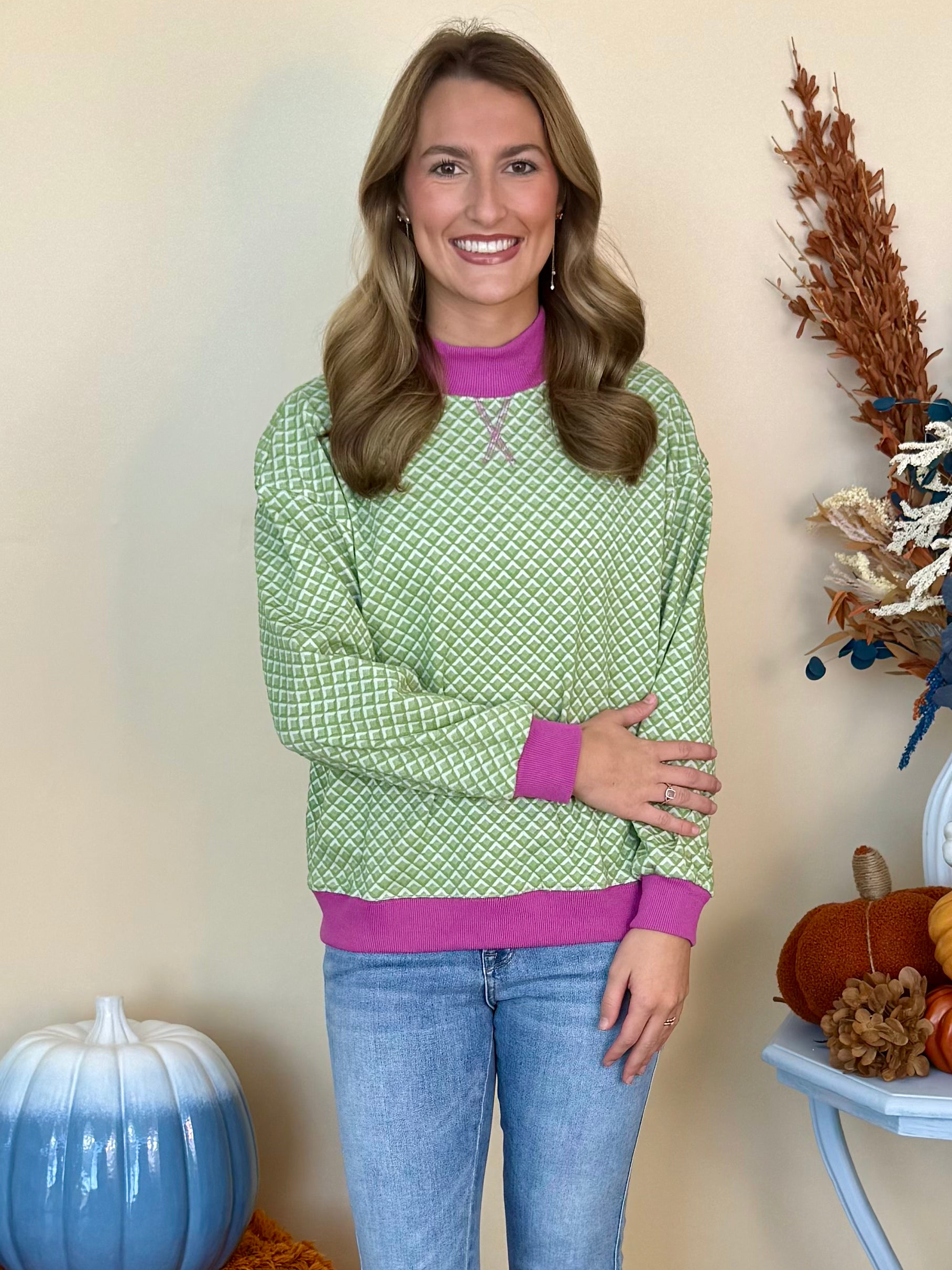 Woodland Charm Lt. Olive Jacquard Sweatshirt-Shop-Womens-Boutique-Clothing