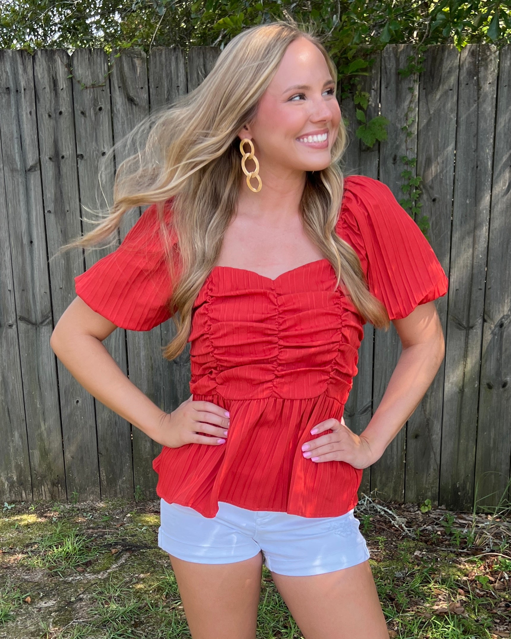When's Halftime Sunset Ruched Puff Sleeve Peplum Top-Shop-Womens-Boutique-Clothing