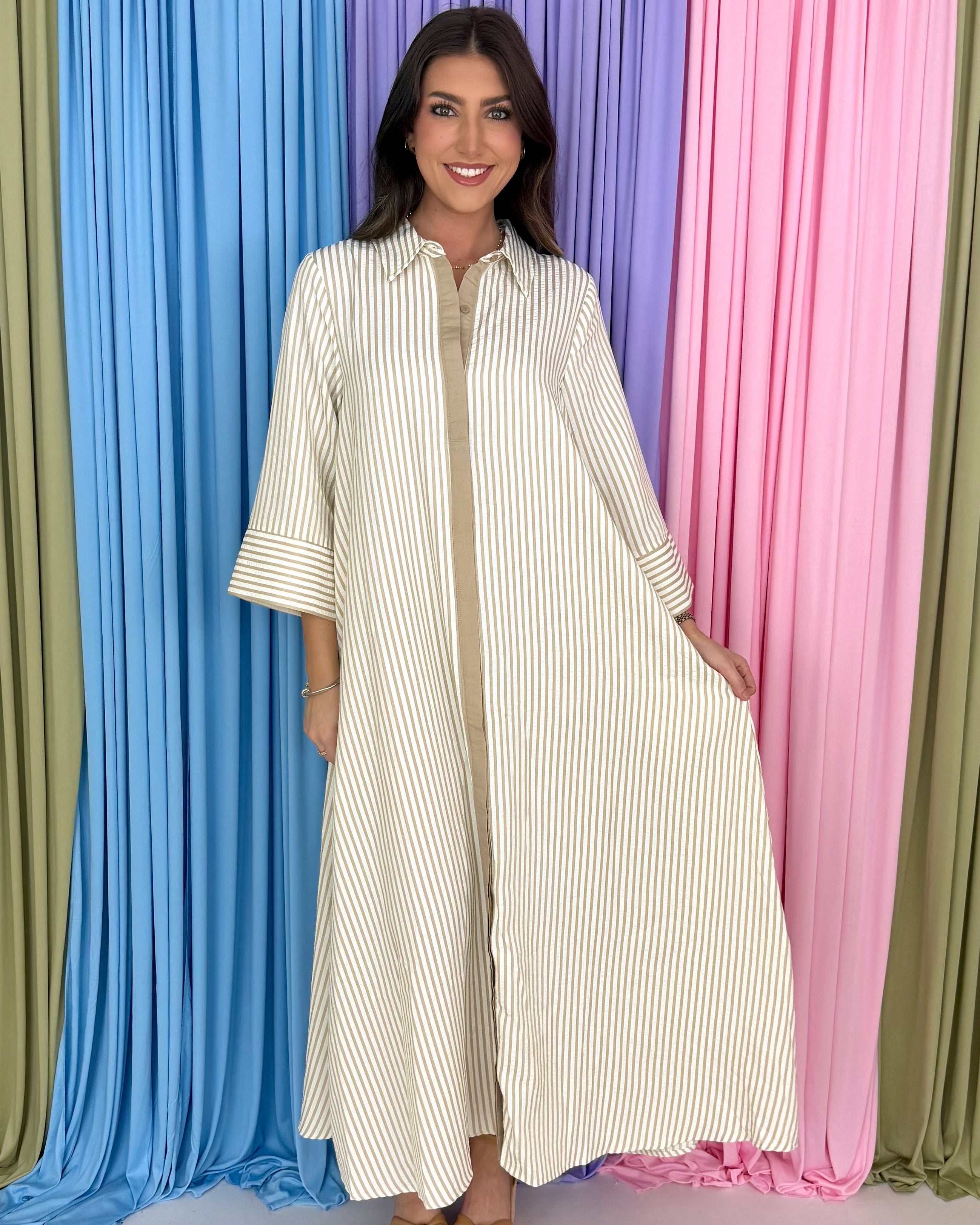 Delicate Dreams Sand Striped Midi Dress-Shop-Womens-Boutique-Clothing