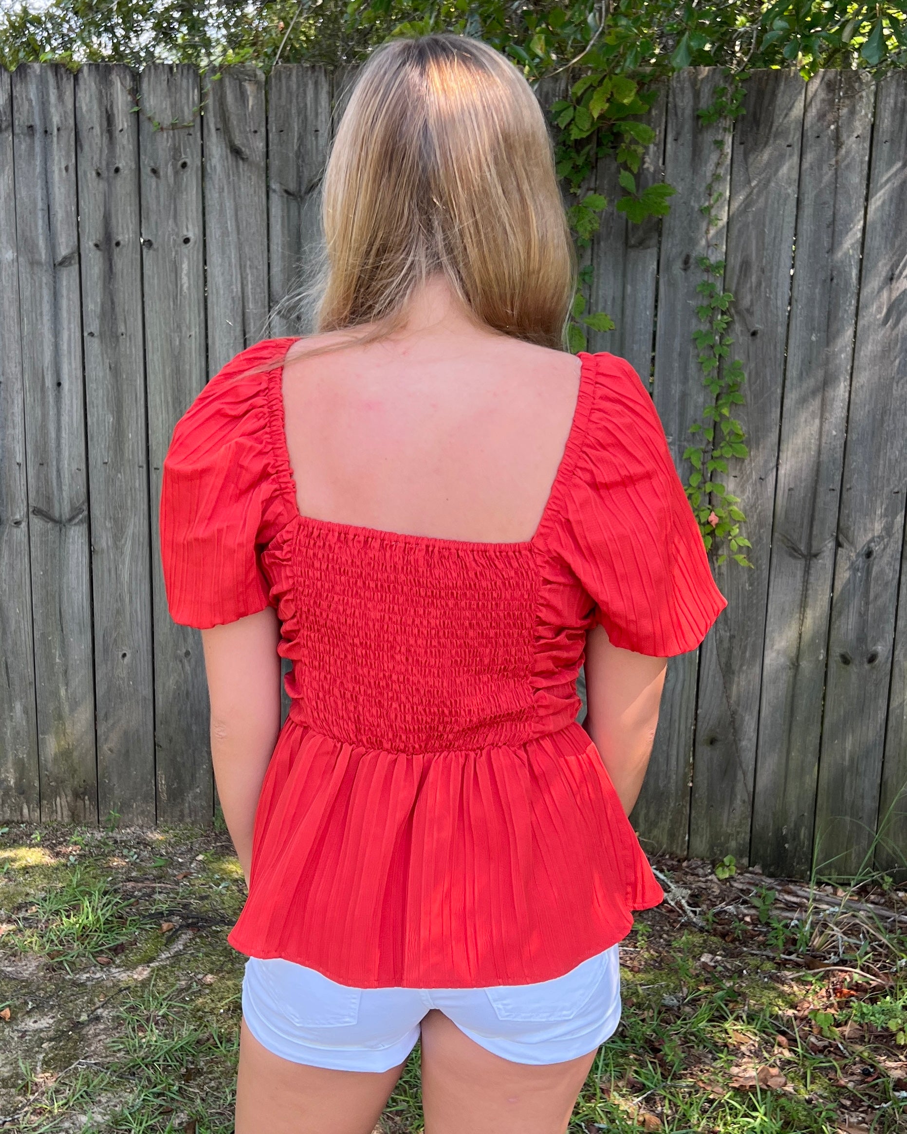 When's Halftime Sunset Ruched Puff Sleeve Peplum Top-Shop-Womens-Boutique-Clothing