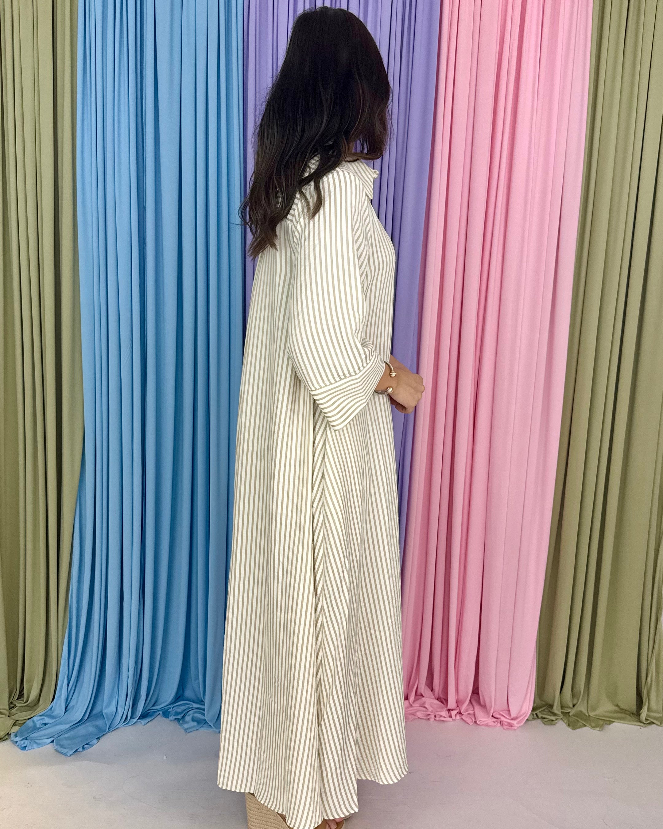 Delicate Dreams Sand Striped Midi Dress-Shop-Womens-Boutique-Clothing