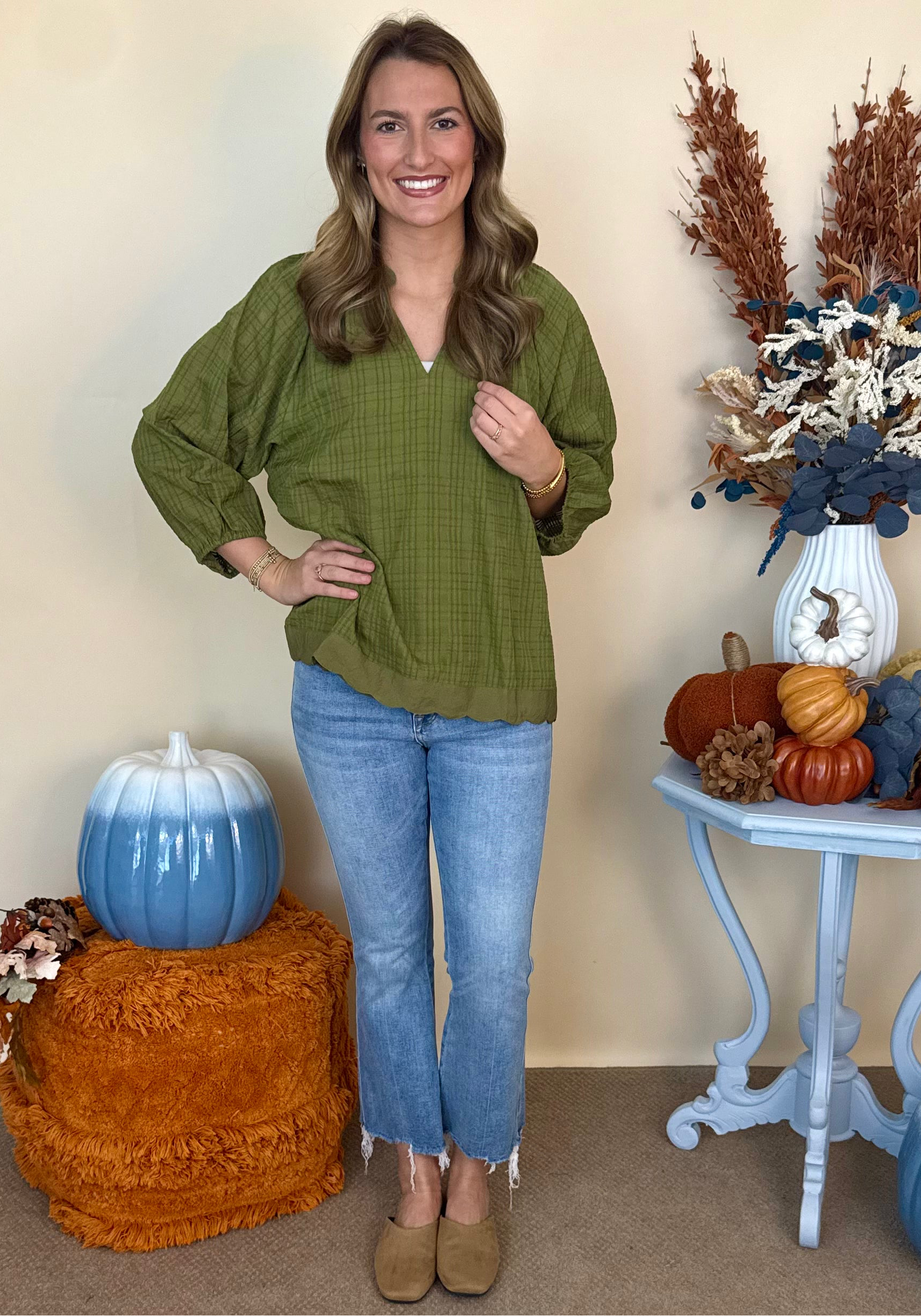 Charming Glance Olive Split Neck Raglan 3/4 Puff Sleeve Top-Shop-Womens-Boutique-Clothing