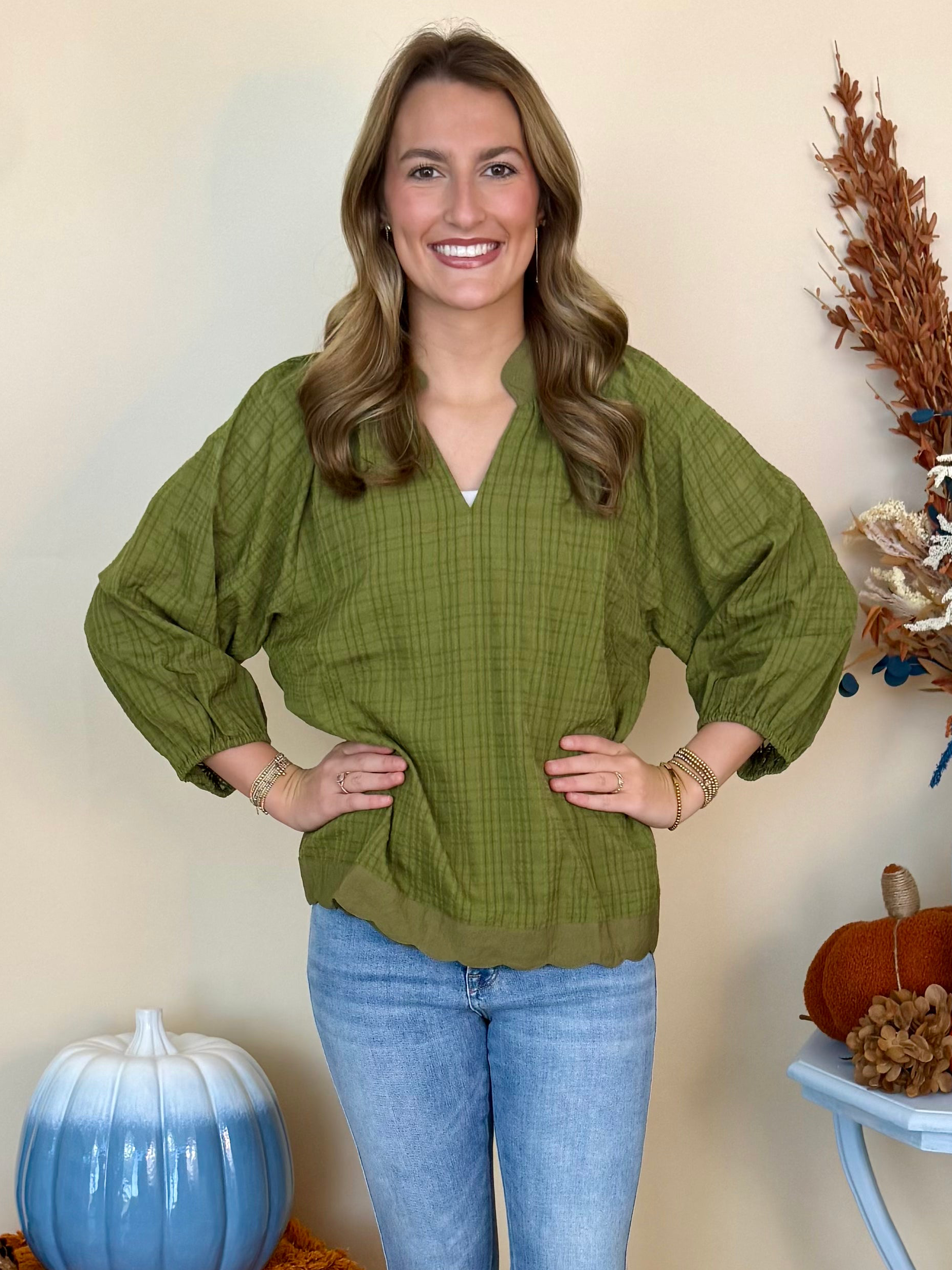 Charming Glance Olive Split Neck Raglan 3/4 Puff Sleeve Top-Shop-Womens-Boutique-Clothing