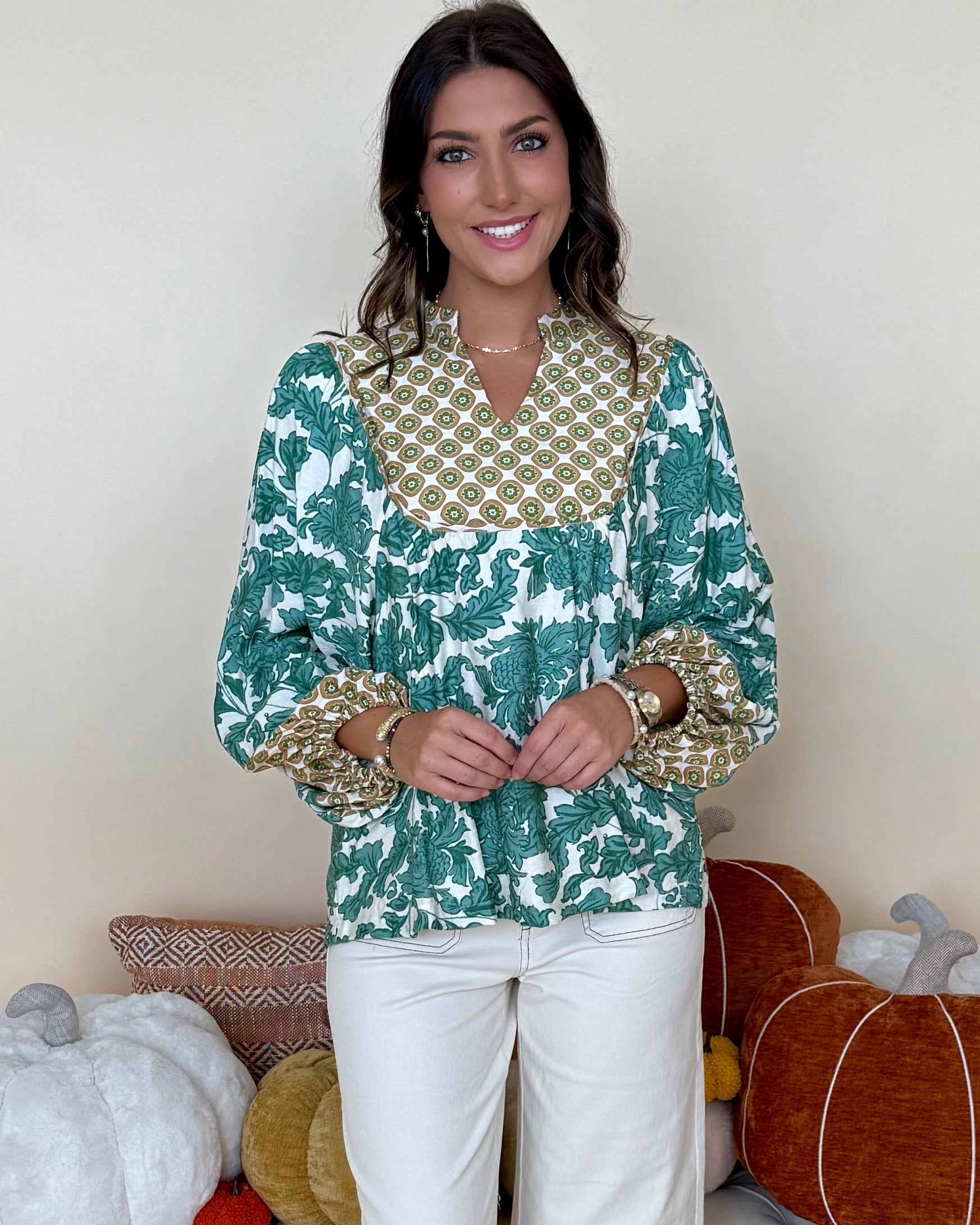 Work It Out Green Abstract Yoke Top-Shop-Womens-Boutique-Clothing